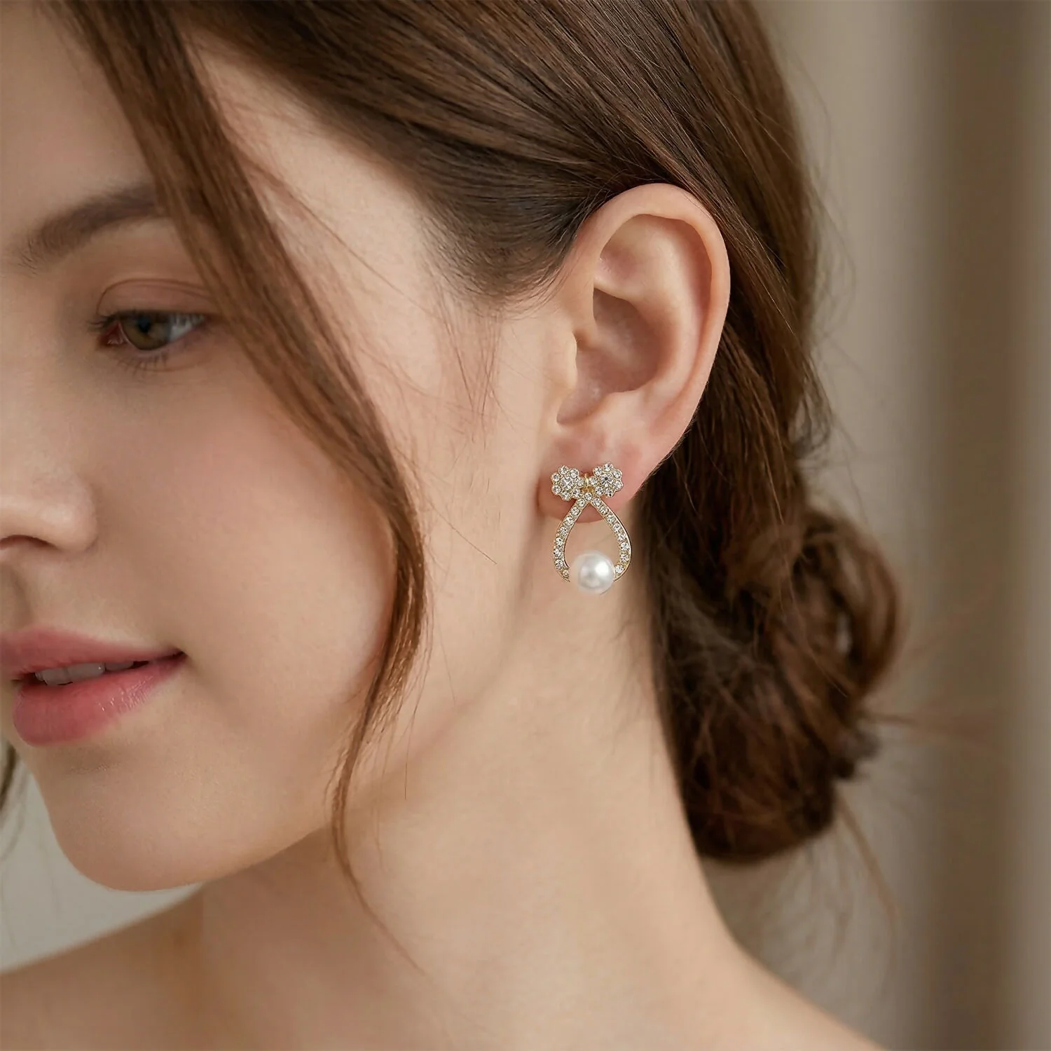 Premium Korean Crystal Bow & Pearl Drop Stud Earrings - Image 2