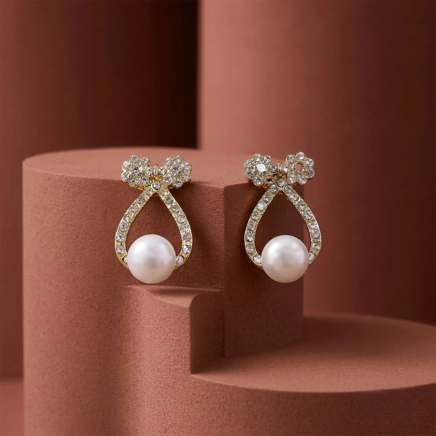 Premium Korean Crystal Bow & Pearl Drop Stud Earrings - Image 3