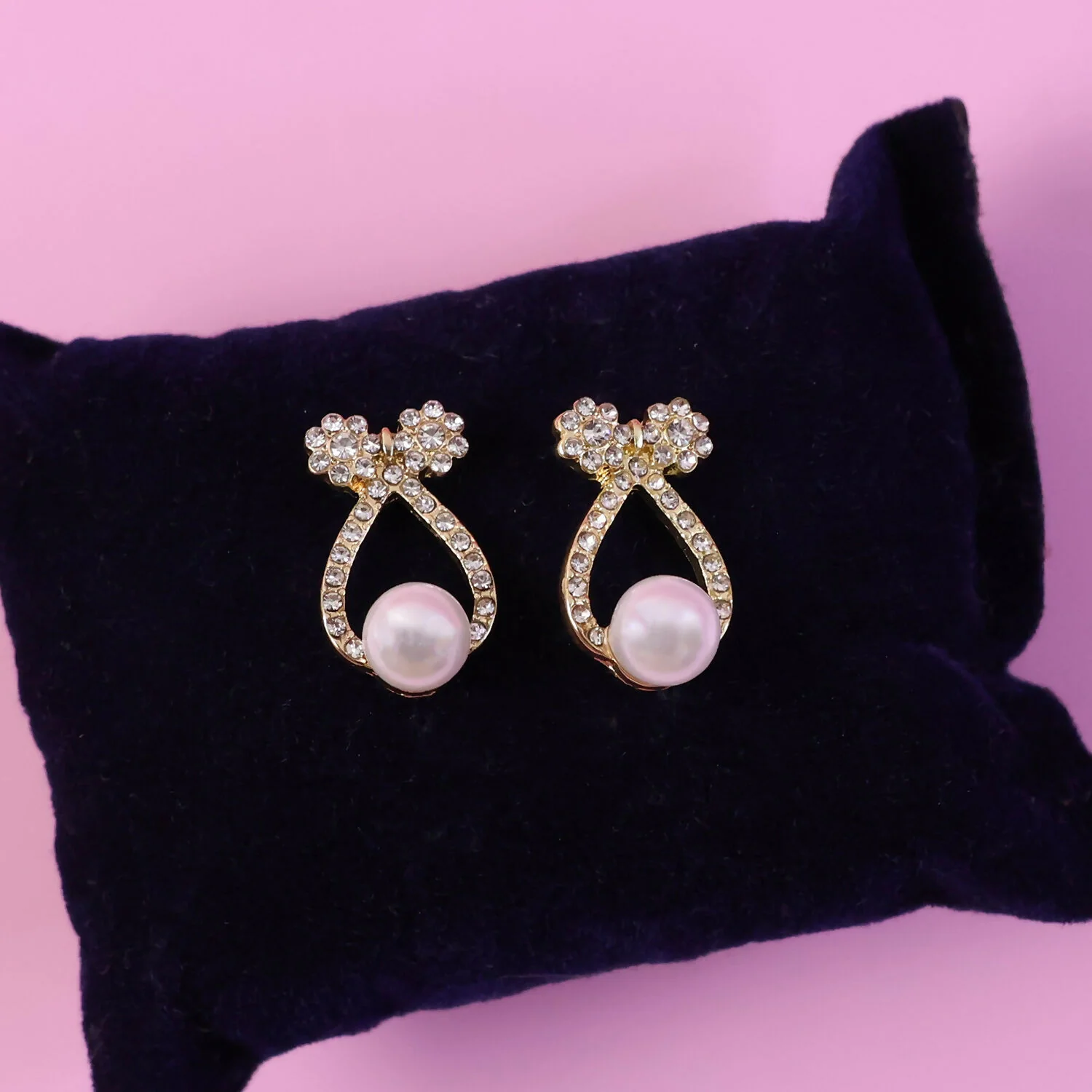 Premium Korean Crystal Bow & Pearl Drop Stud Earrings - Image 4