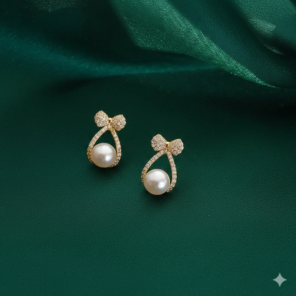 Premium Korean Crystal Bow & Pearl Drop Stud Earrings - Image 6