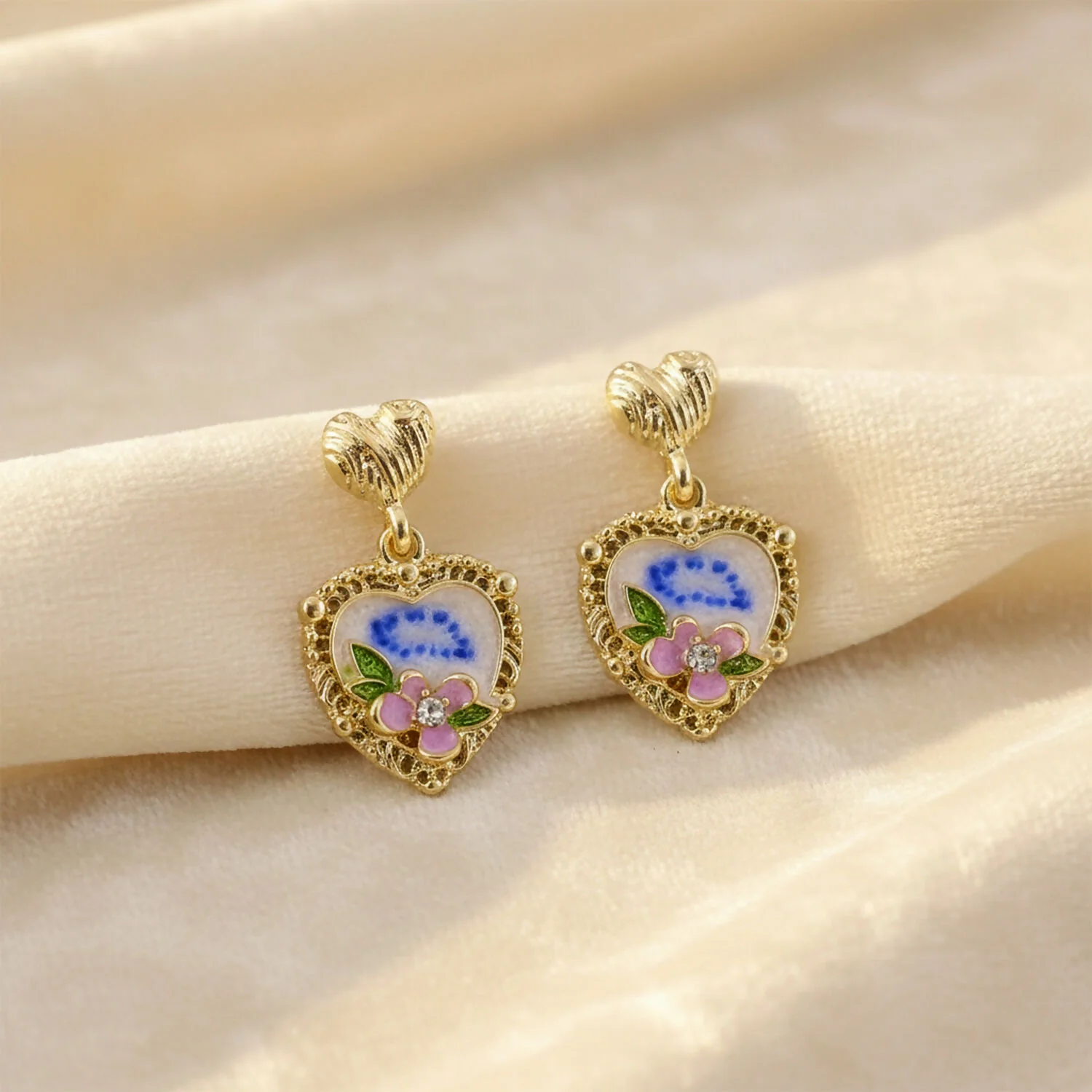 Premium Korean Style Heart Floral Drop Earrings for Women | Gold Plated Pearl & Crystal Fashion Earrings - Image 4