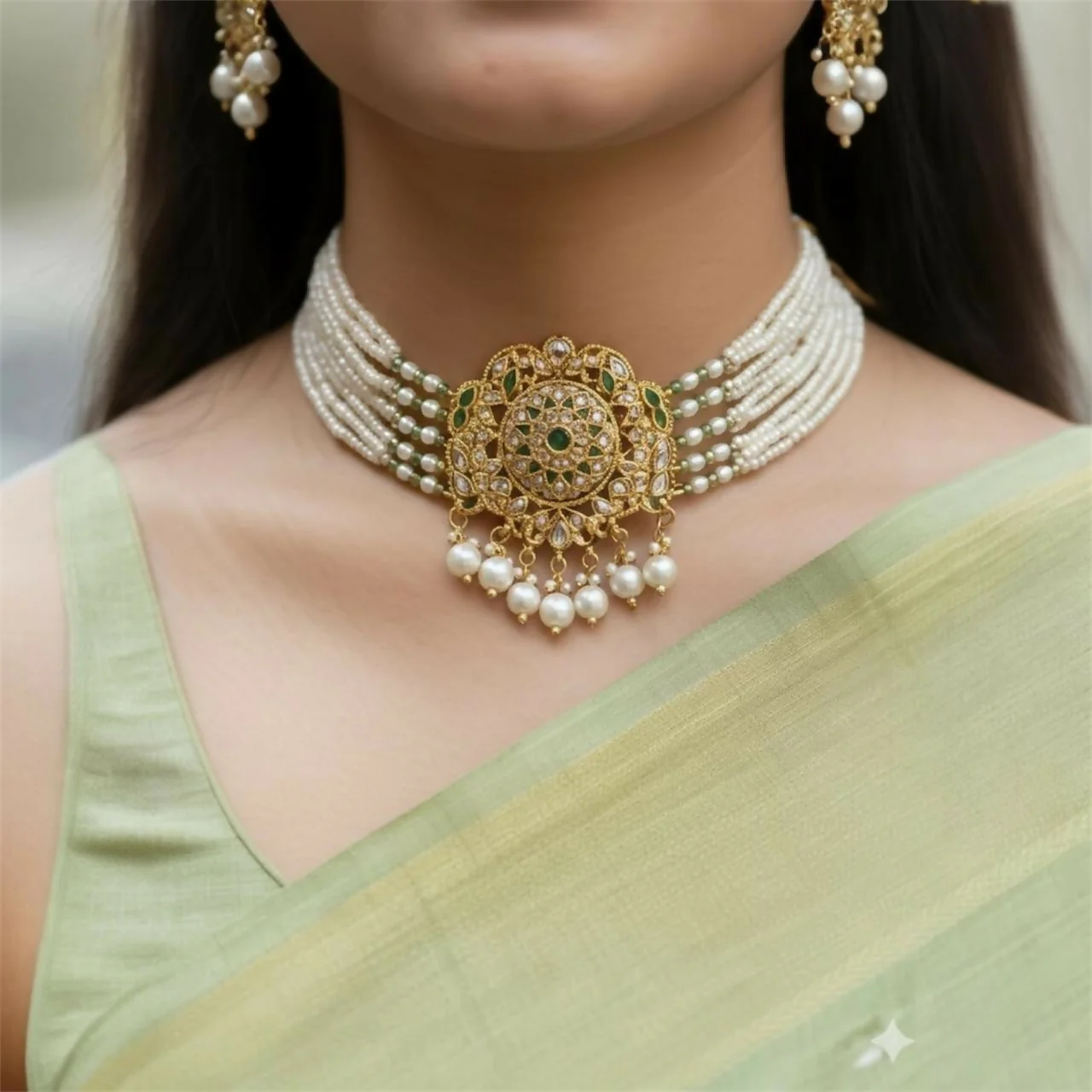 Premium Kundan Pearl Bridal Jewellery Set with Earrings - Image 2