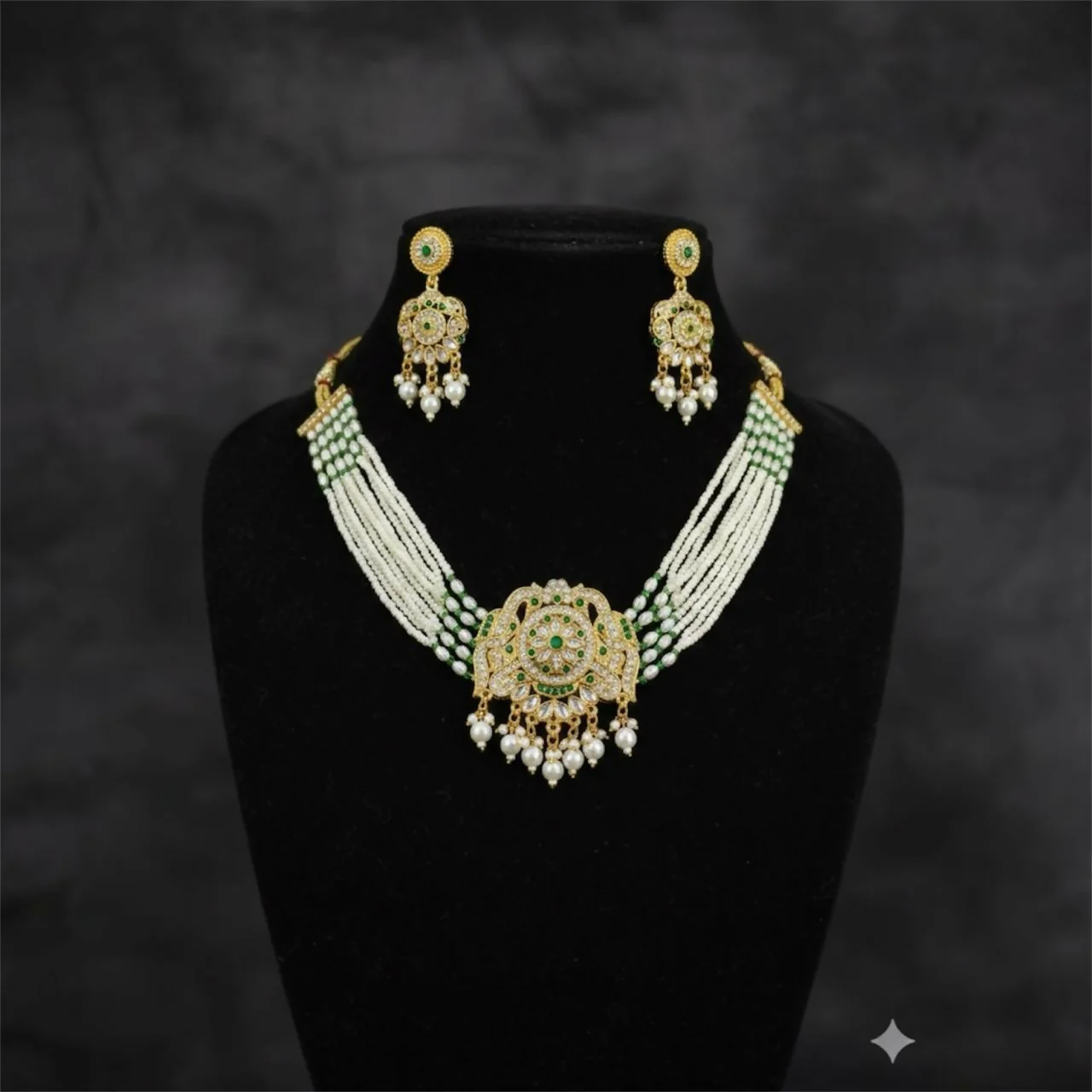 Premium Kundan Pearl Bridal Jewellery Set with Earrings - Image 3