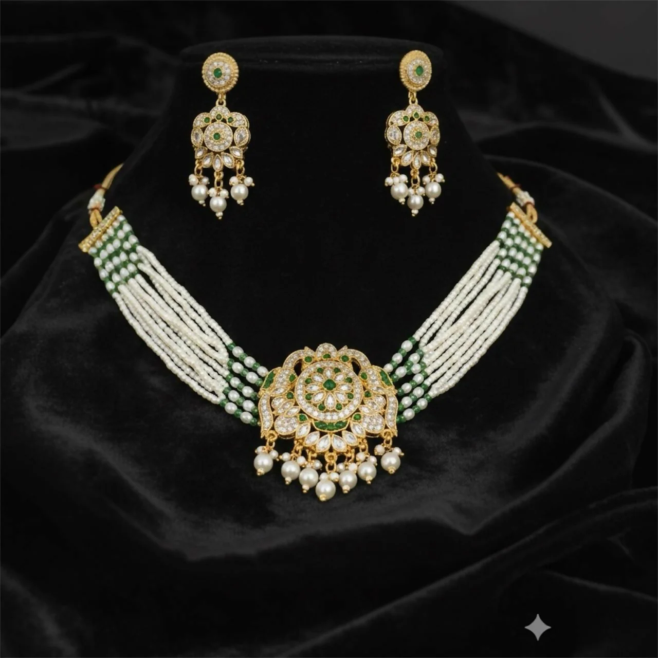 Premium Kundan Pearl Bridal Jewellery Set with Earrings - Image 4