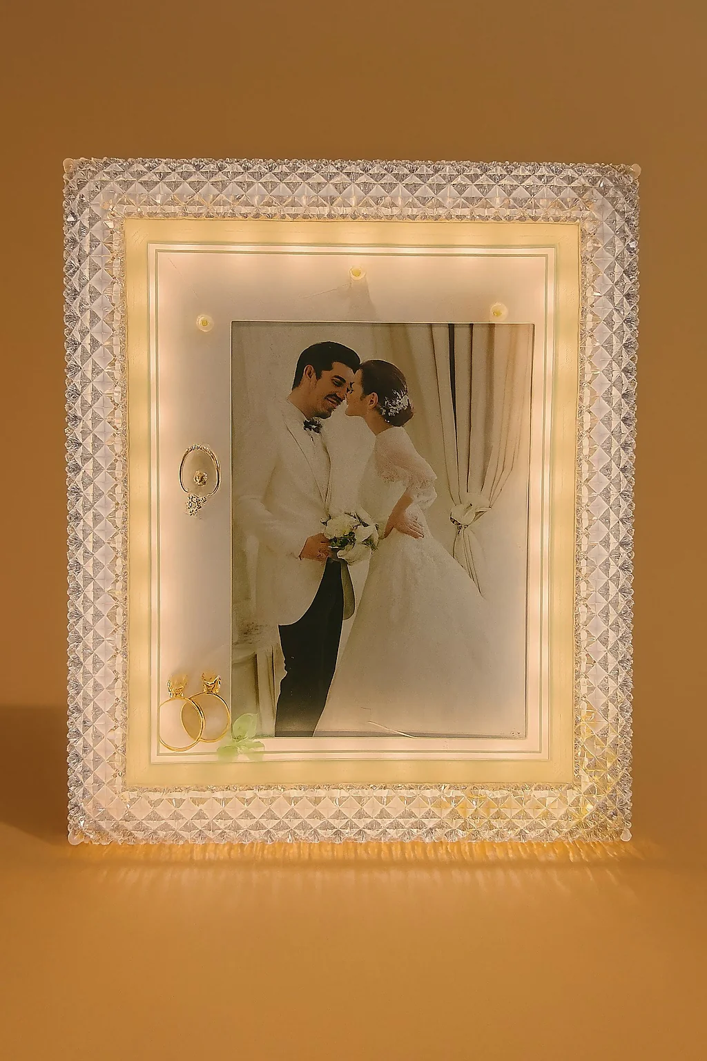 Premium LED Crystal Wedding Photo Frame with 3D Ring Decor  for  Bedroom Decoration - Image 2
