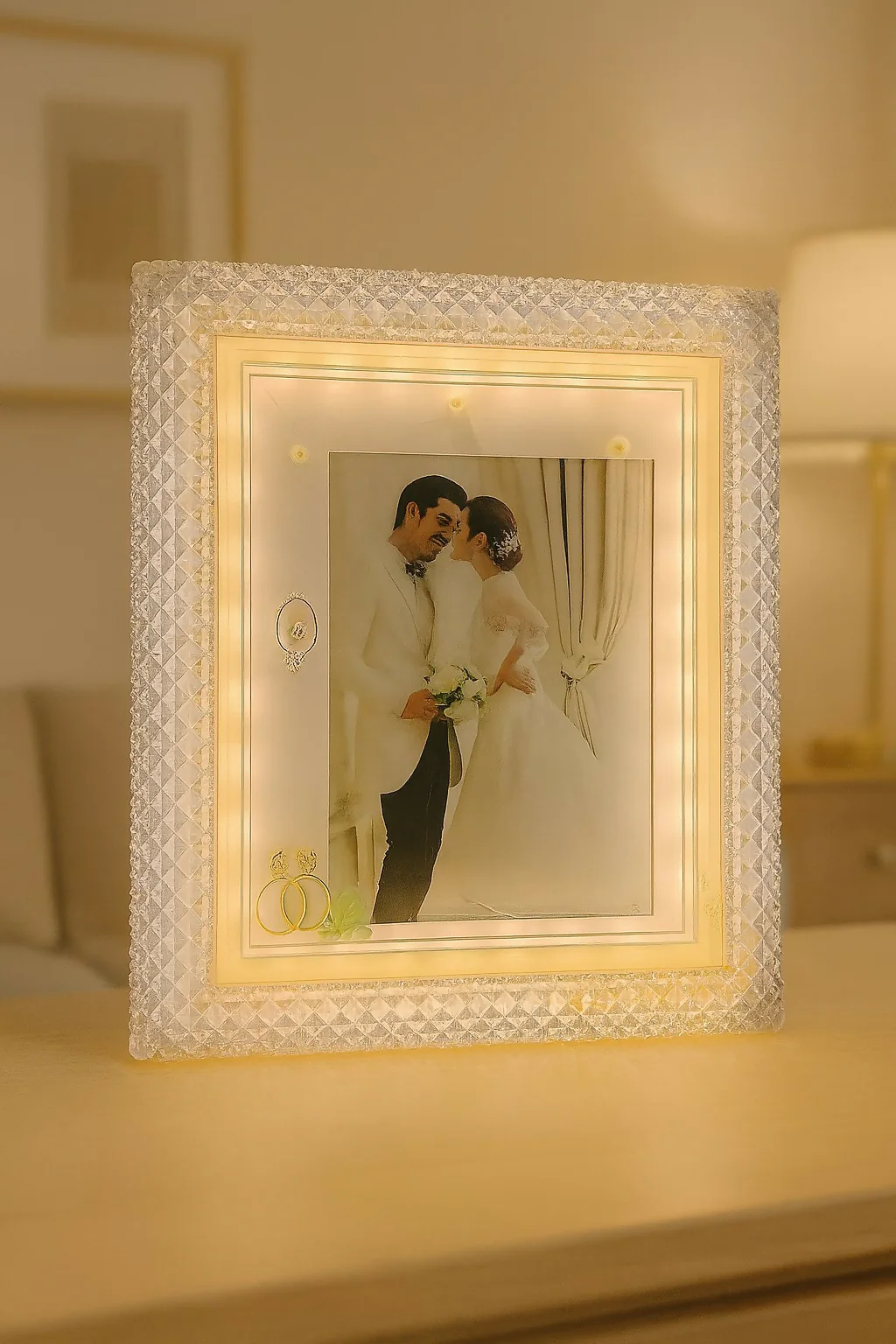 Premium LED Crystal Wedding Photo Frame with 3D Ring Decor  for  Bedroom Decoration - Image 3