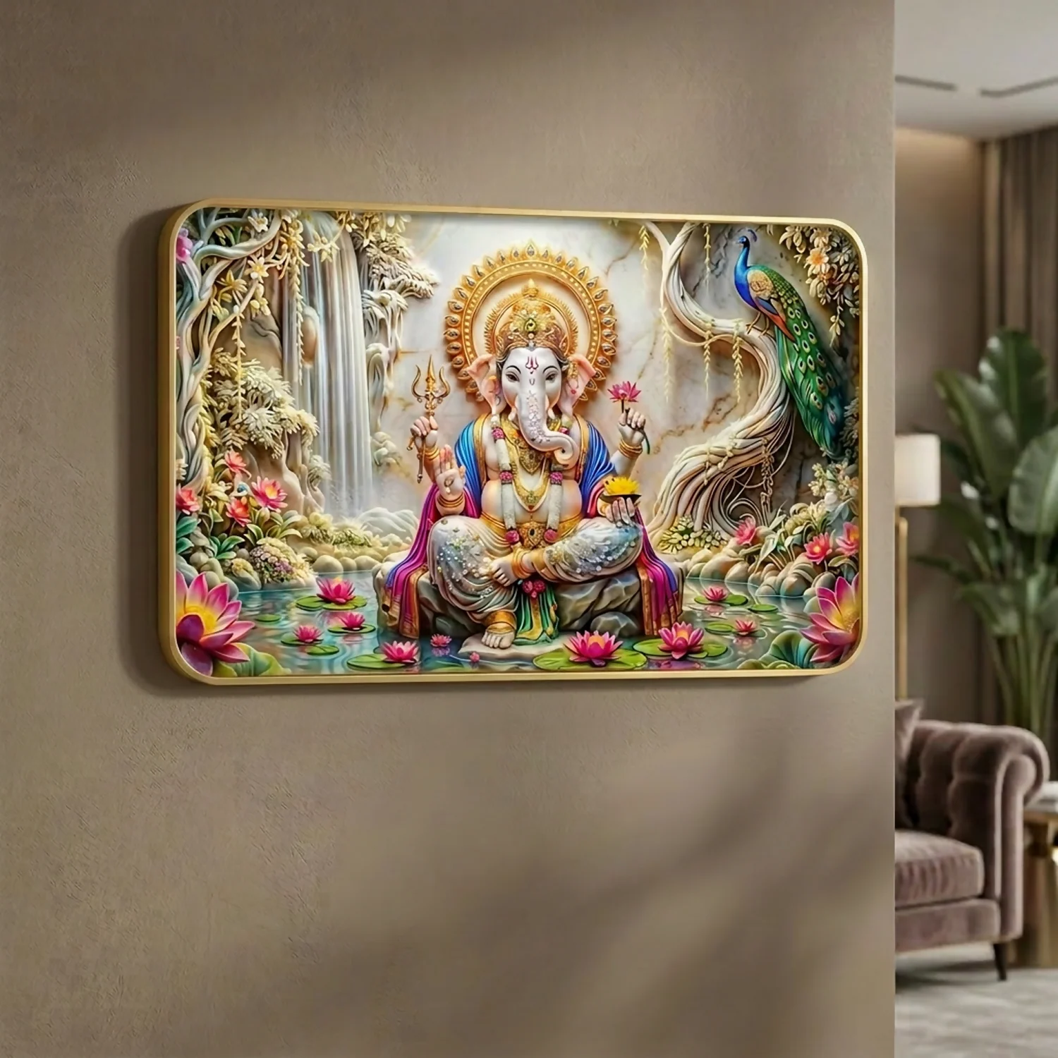 Premium Lord Ganesha Wall Art Frame | Luxury Golden Frame Home Decor - Image 3