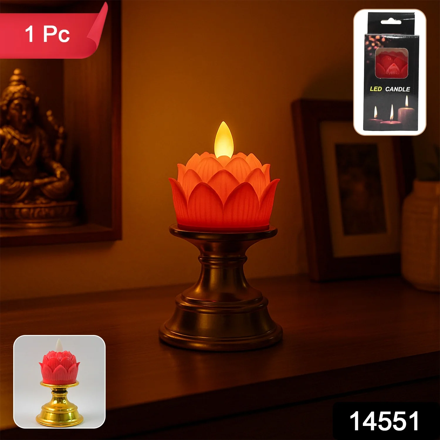 Premium Lotus Shaped LED Flameless Candle with Decorative Holder (1 Pc) - Image 2