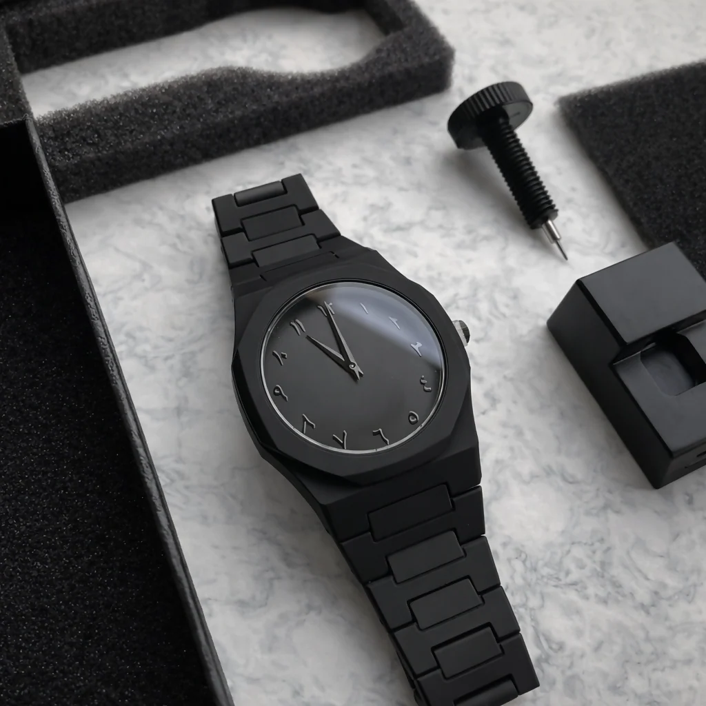 Premium Matte Black Minimalist Analog Wrist Watch with Designer Dial and Metal Strap - Image 3