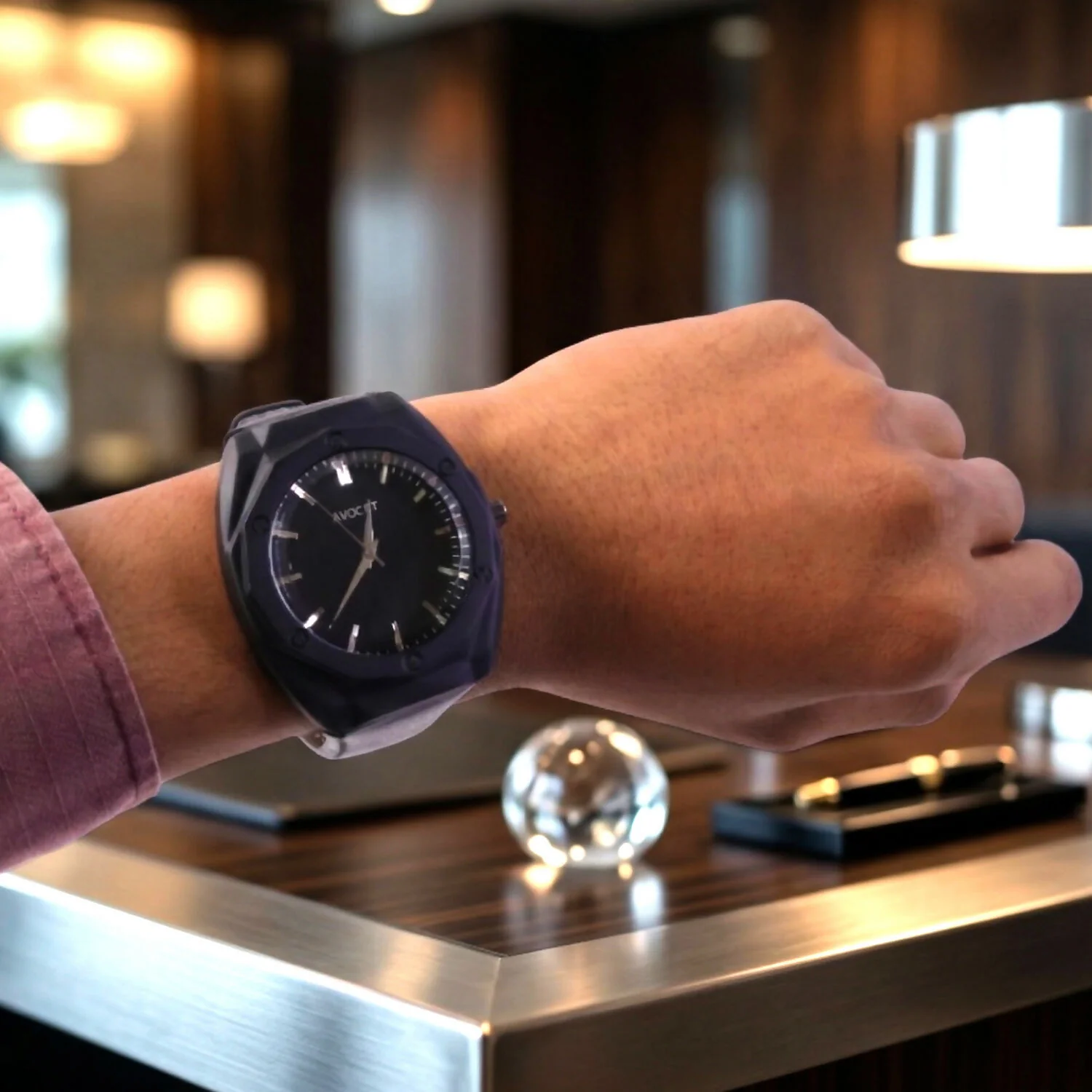 Premium Matte Black Octagonal Analog Wrist Watch with Leather Strap for Men - Image 2