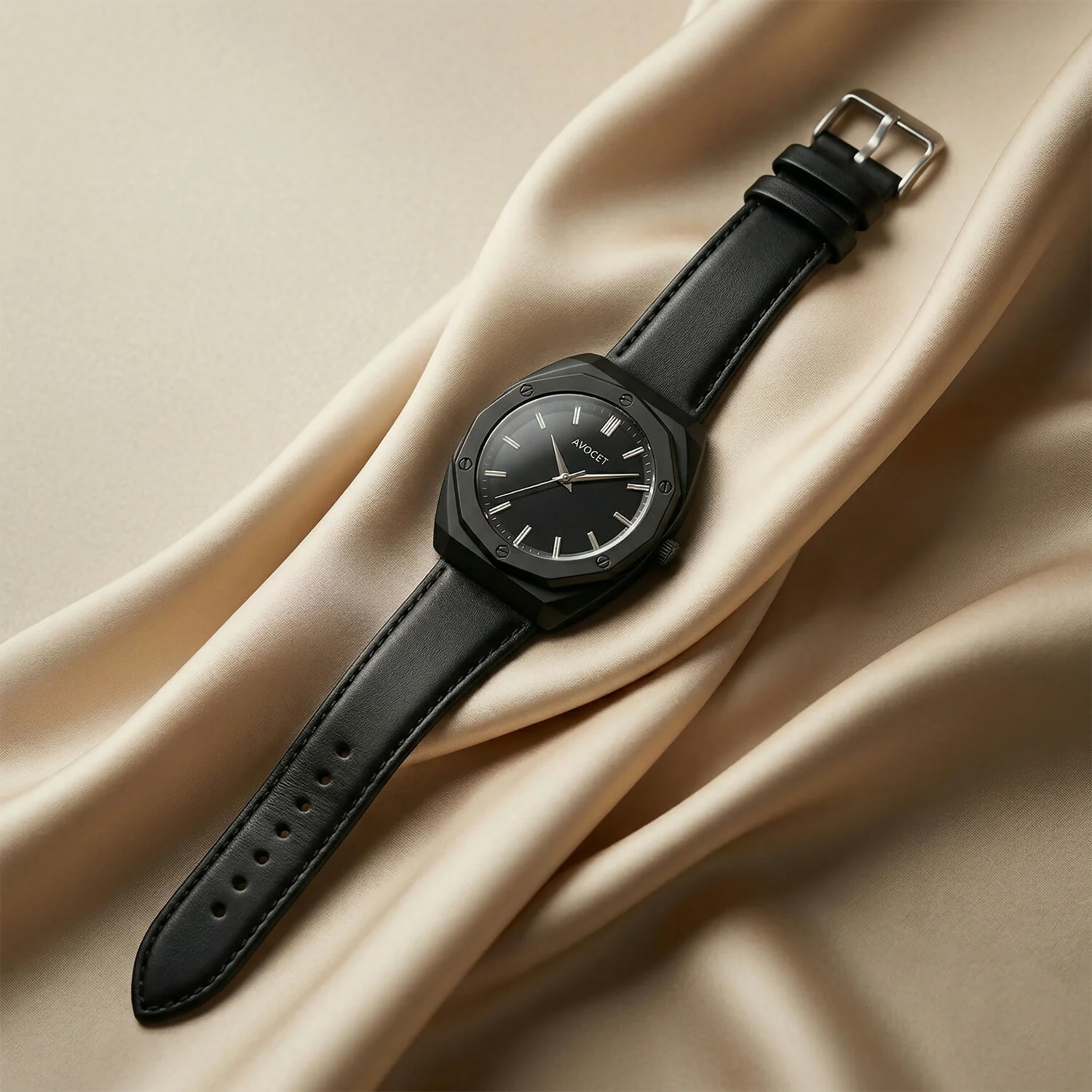 Premium Matte Black Octagonal Analog Wrist Watch with Leather Strap for Men - Image 3