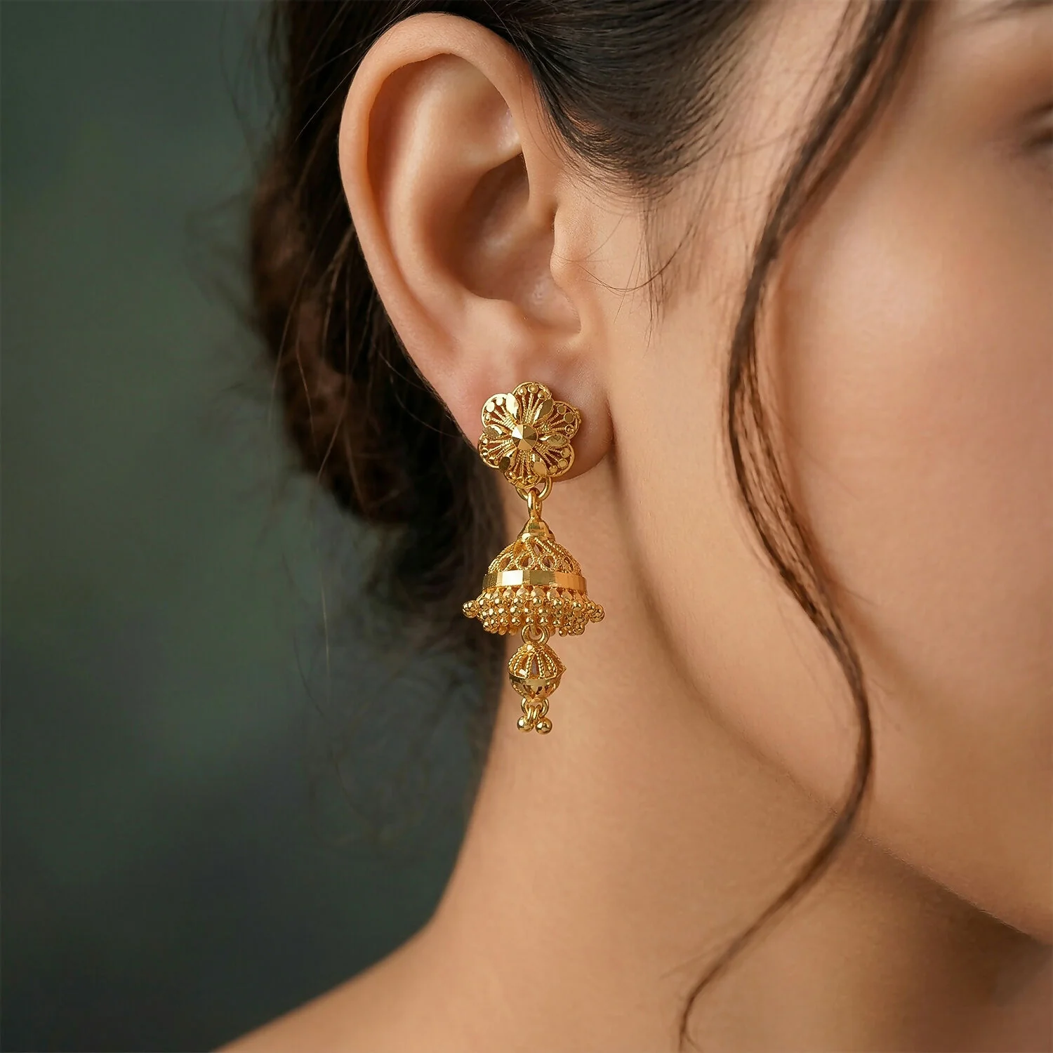 Premium Matte Gold Floral Drop Jhumkas – Lightweight Ethnic Jewelry - Image 2