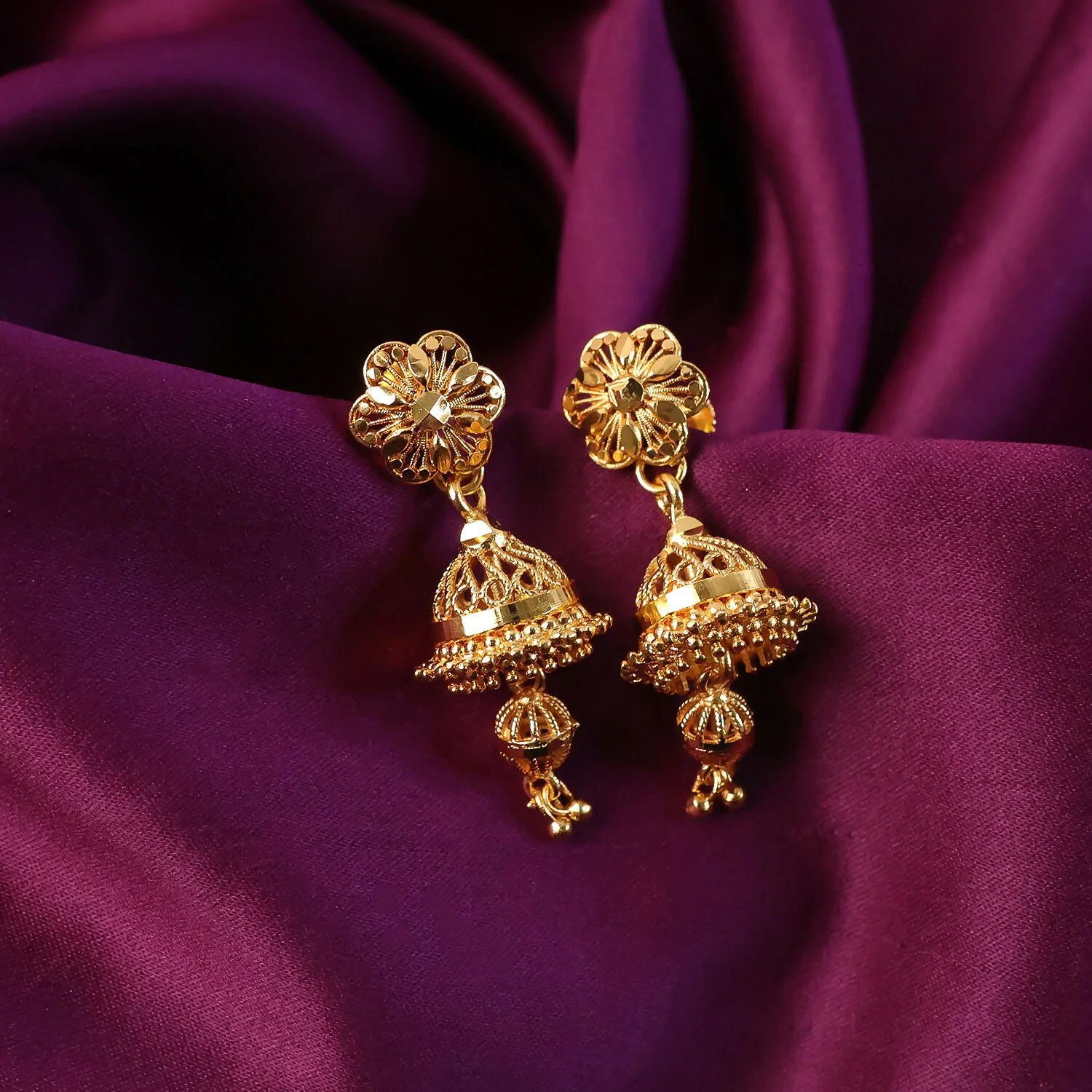 Premium Matte Gold Floral Drop Jhumkas – Lightweight Ethnic Jewelry - Image 3