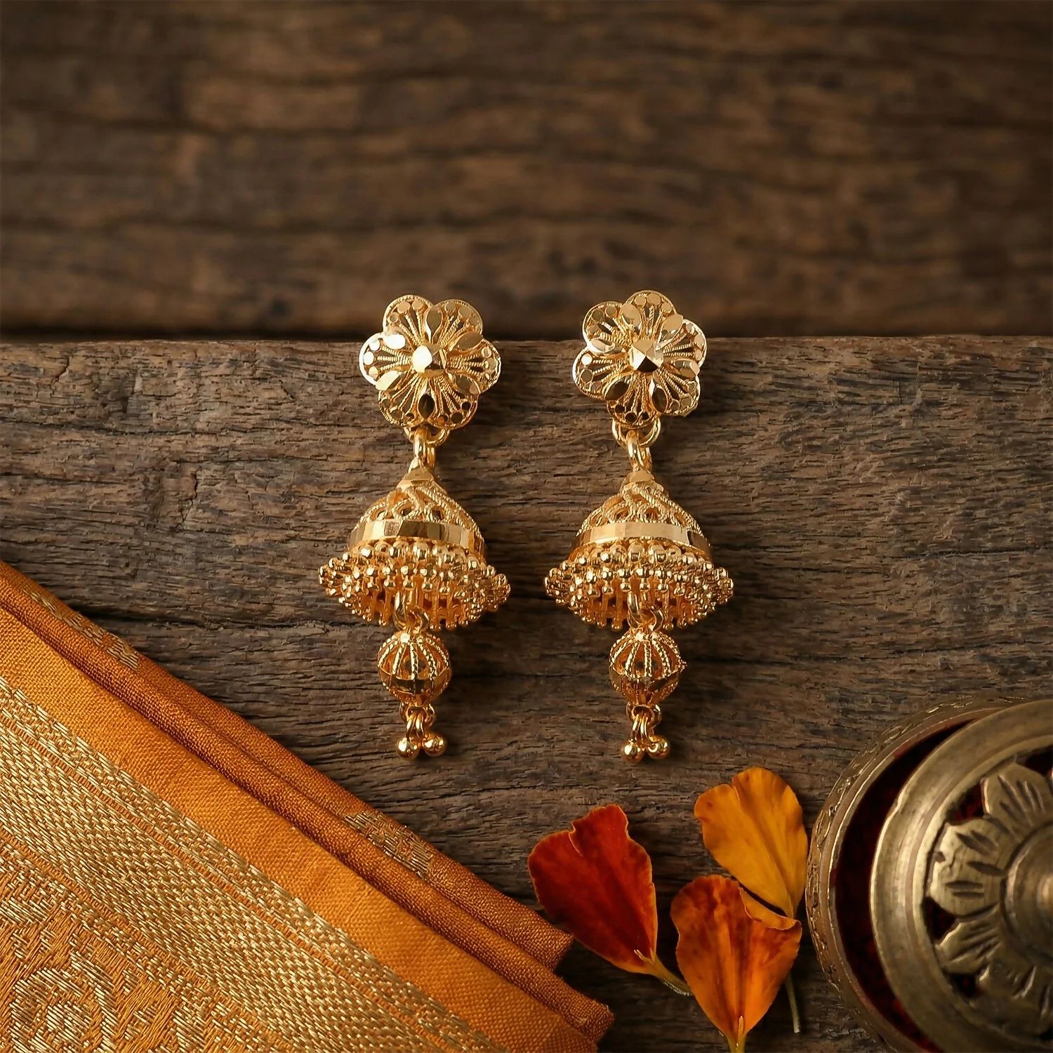 Premium Matte Gold Floral Drop Jhumkas – Lightweight Ethnic Jewelry - Image 4