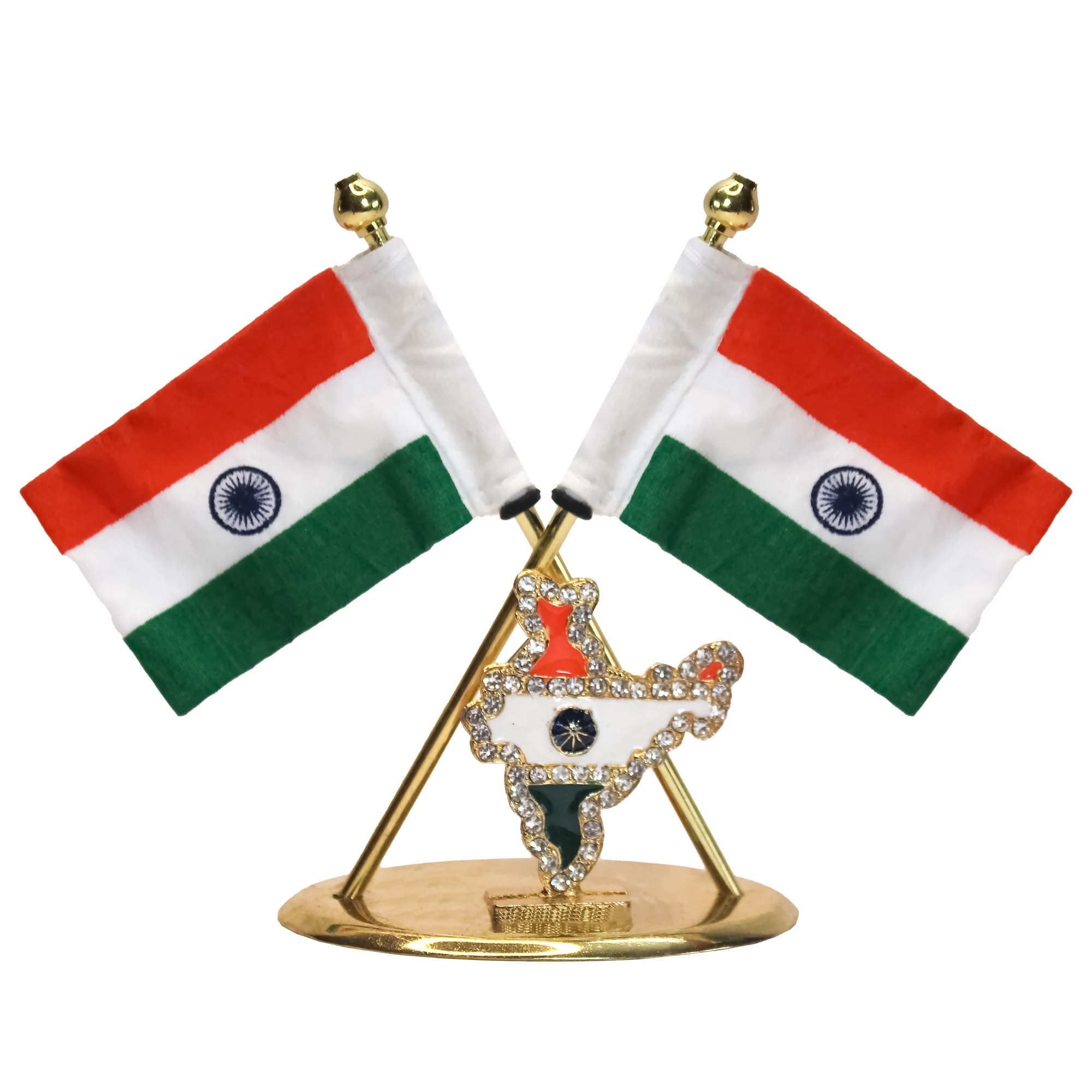 Premium Metal Car Dashboard Dual Indian Flag Stand with Decorative India Map Base - Image 2