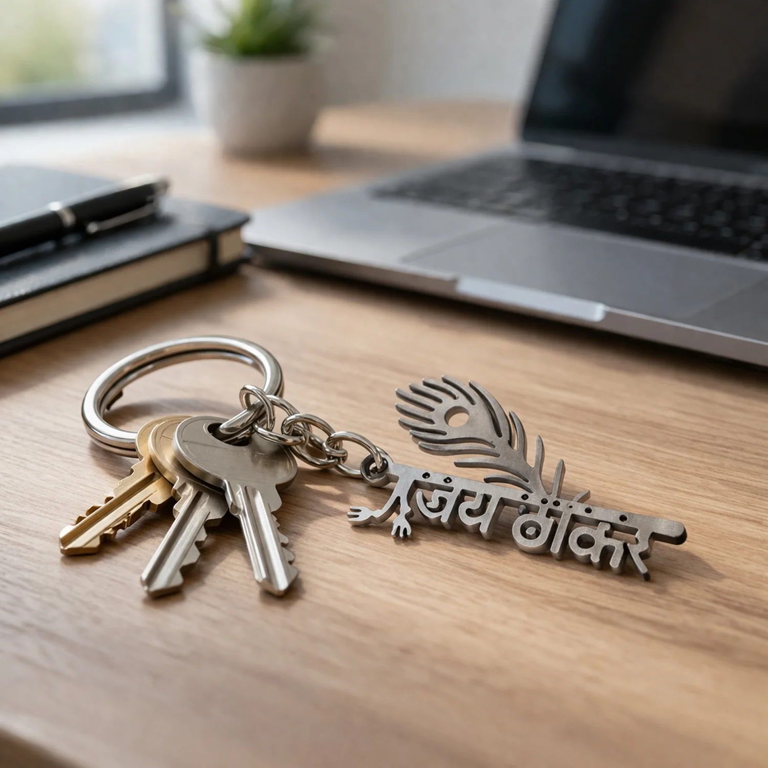 Premium Metal Jay Thakar Peepal Leaf Design Keychain 1 Pc - Image 3