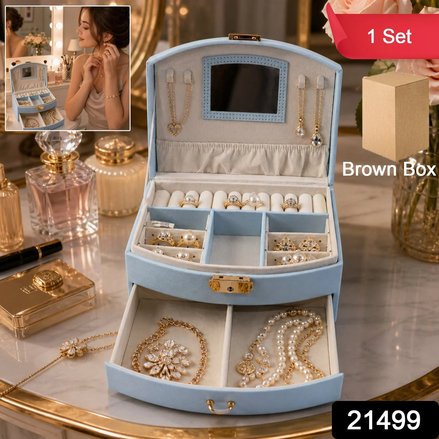 Premium Multi Layer Jewelry Storage Box with Mirror (1 Set) - Image 2
