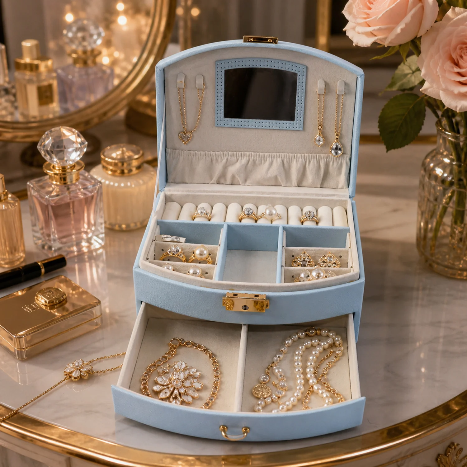 Premium Multi Layer Jewelry Storage Box with Mirror (1 Set) - Image 5