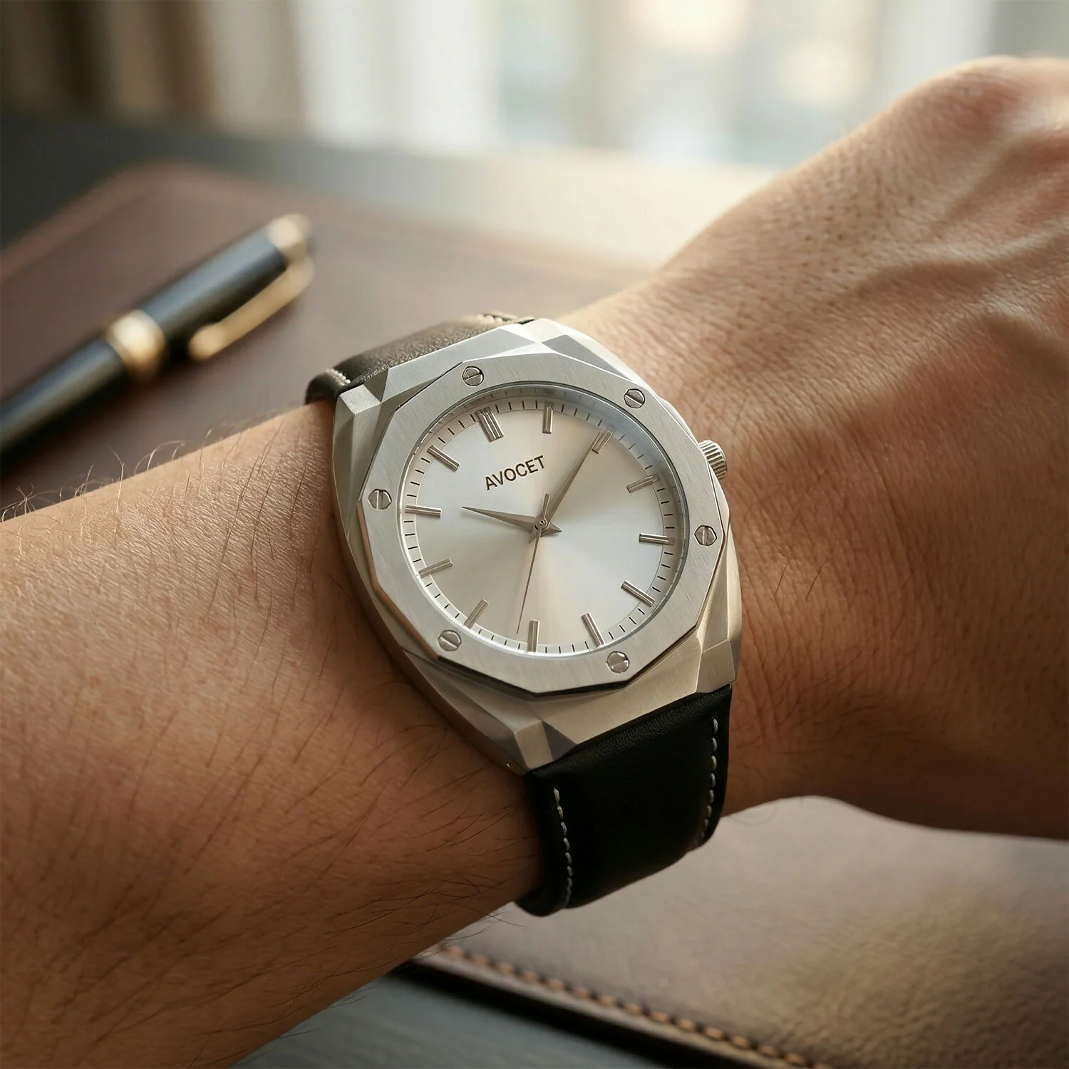 Premium Octagonal Silver Dial Analog Wrist Watch with Leather Strap for Men - Image 2