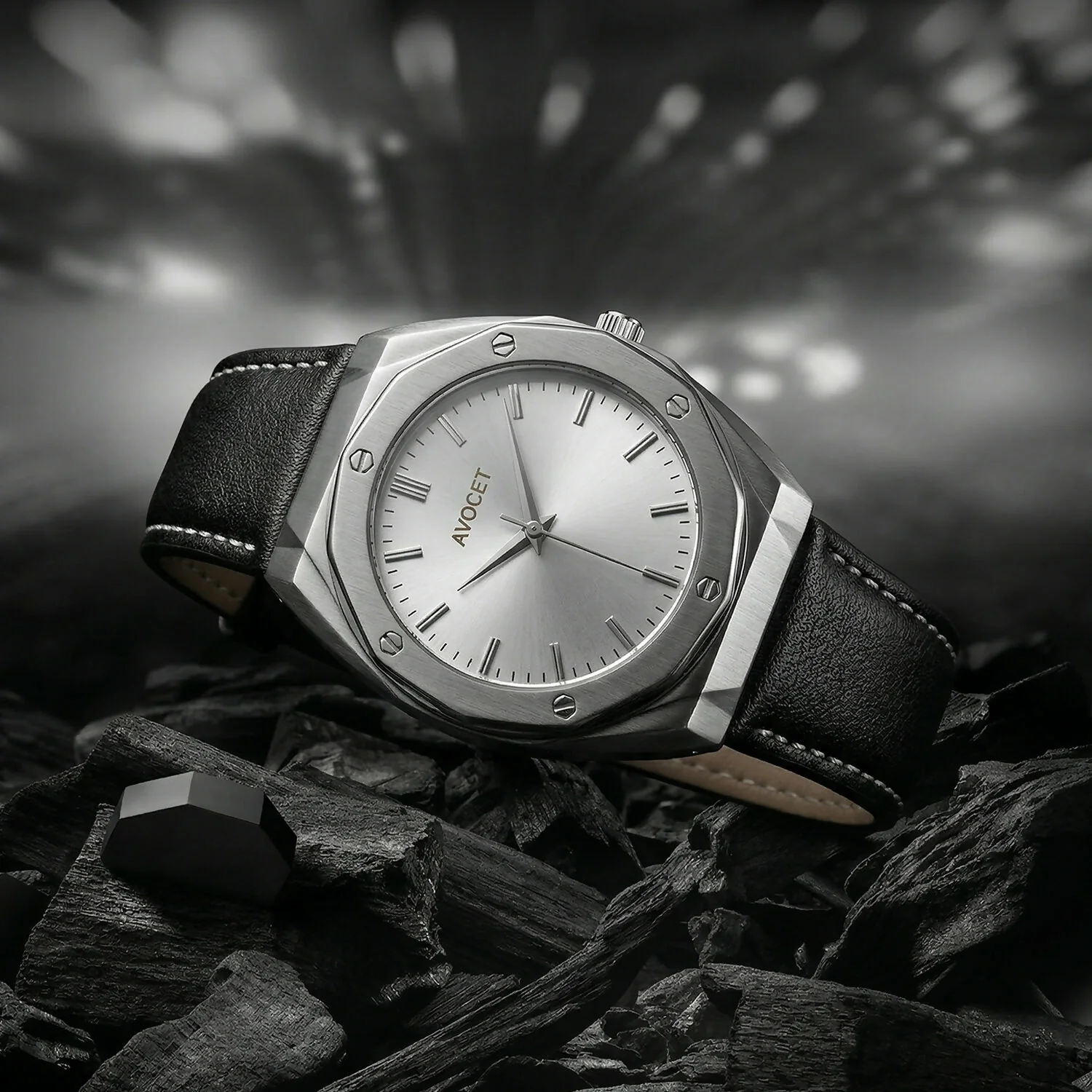 Premium Octagonal Silver Dial Analog Wrist Watch with Leather Strap for Men - Image 3