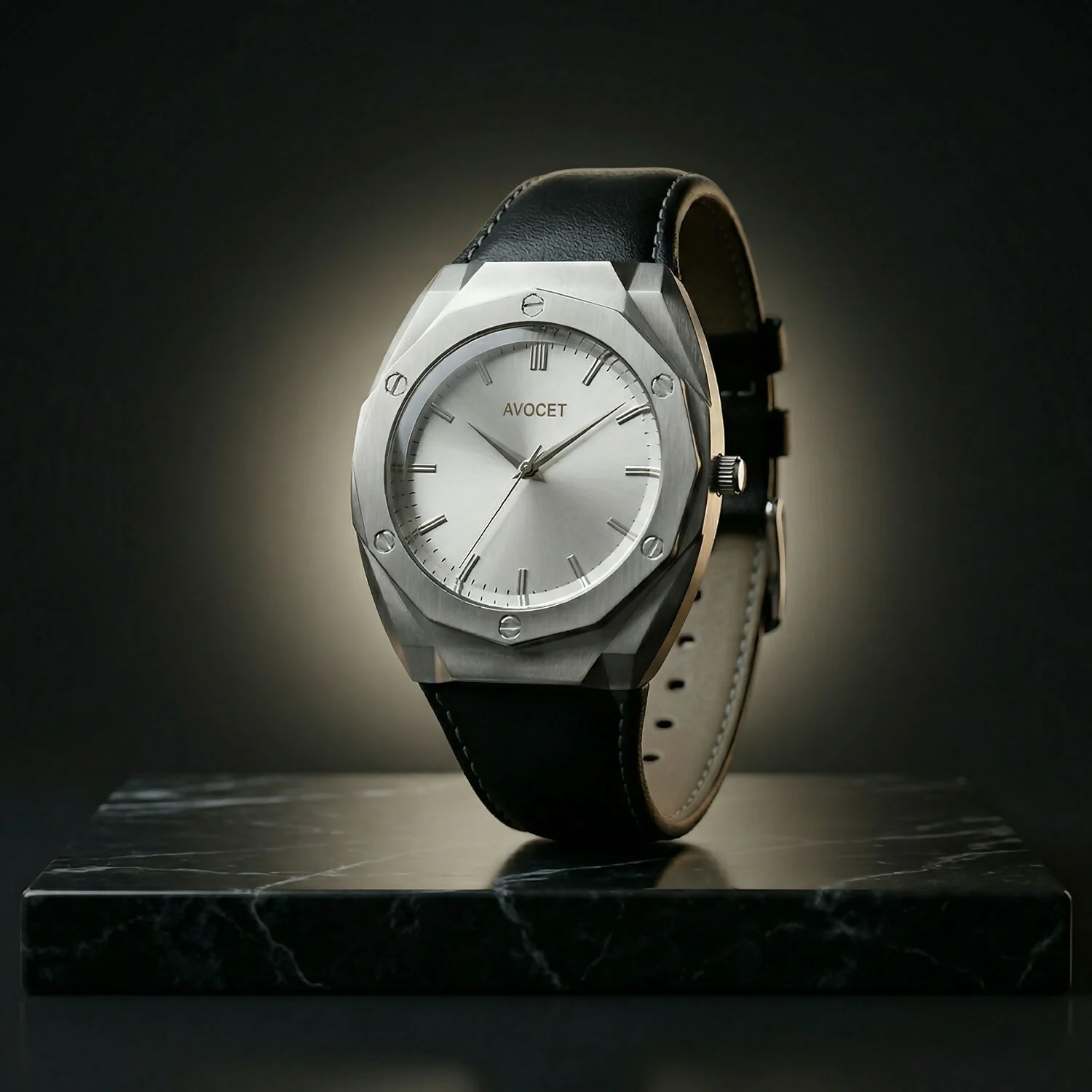 Premium Octagonal Silver Dial Analog Wrist Watch with Leather Strap for Men - Image 4