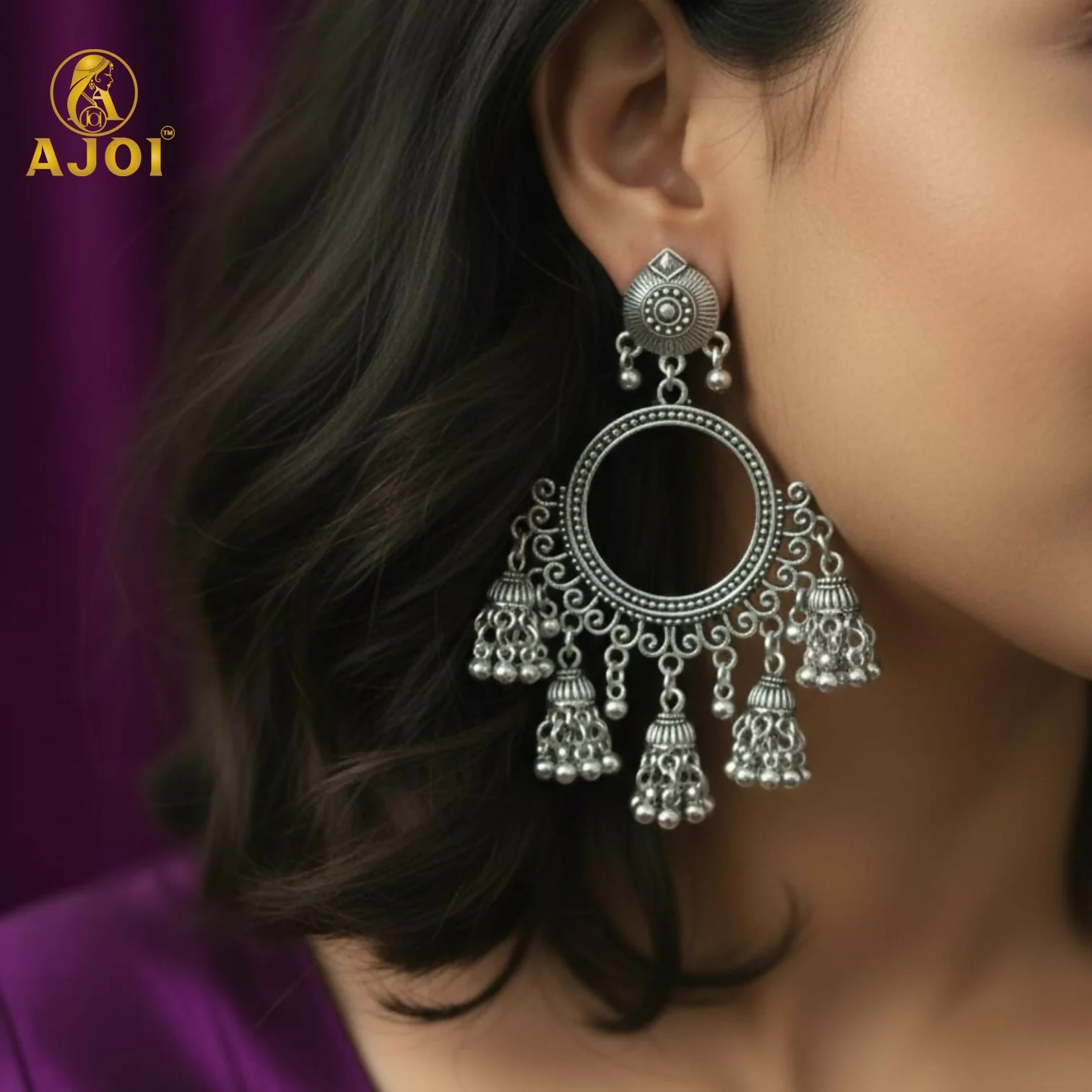 Premium Oxidised Silver Boho Chandbali Jhumka Earrings - Image 2