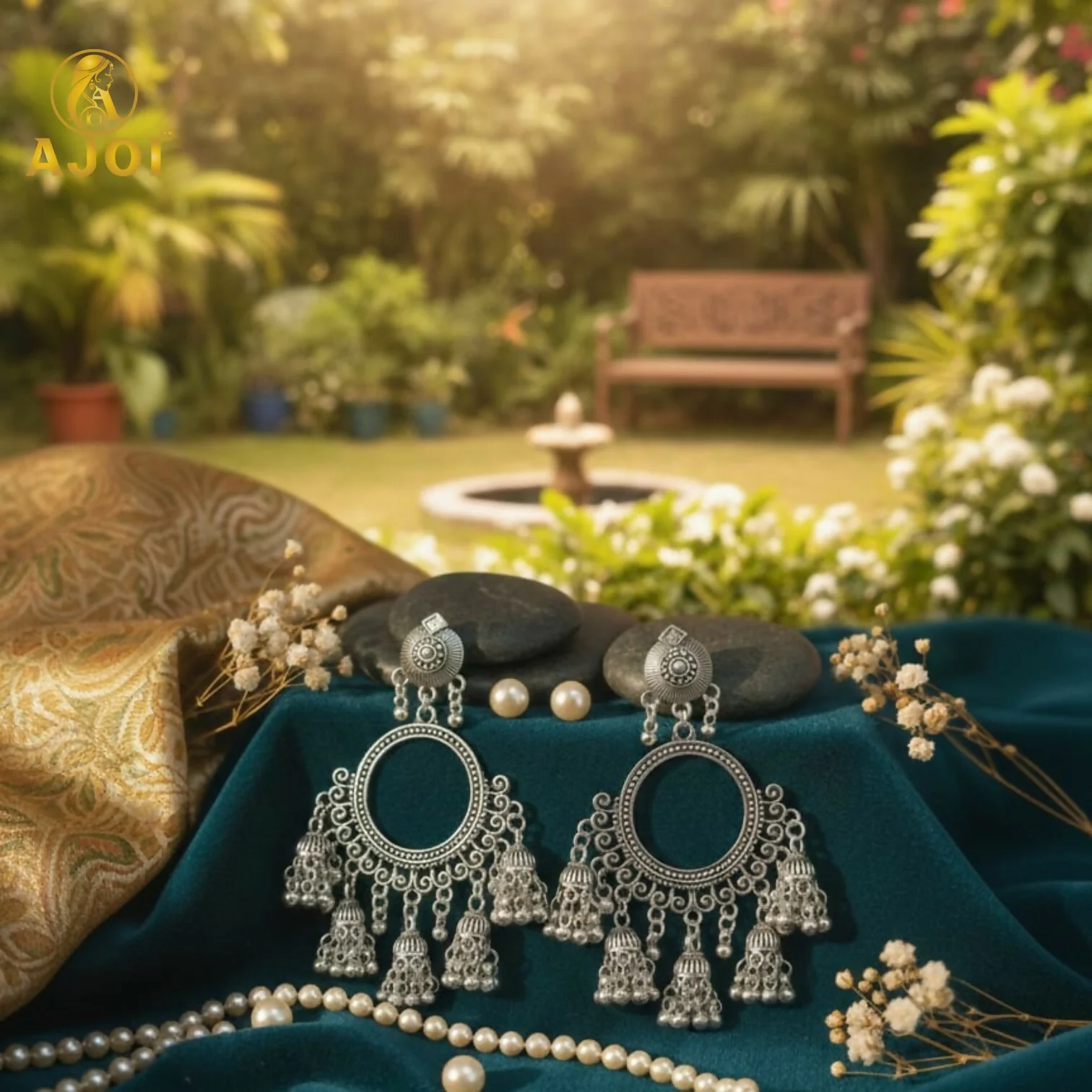 Premium Oxidised Silver Boho Chandbali Jhumka Earrings - Image 3
