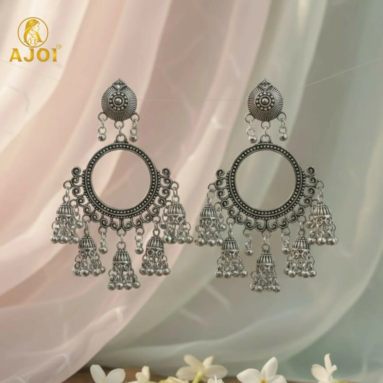 Premium Oxidised Silver Boho Chandbali Jhumka Earrings - Image 4