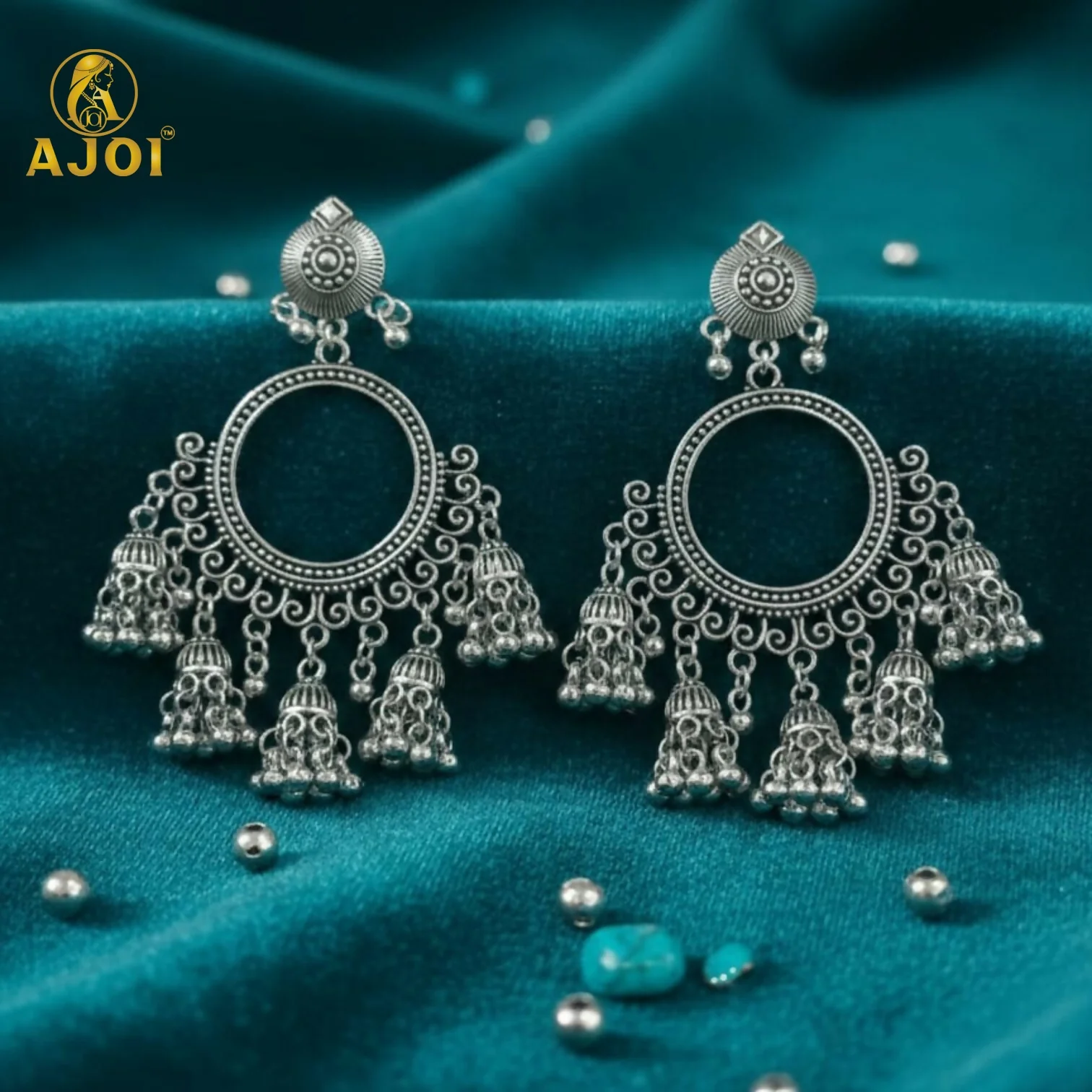 Premium Oxidised Silver Boho Chandbali Jhumka Earrings - Image 6