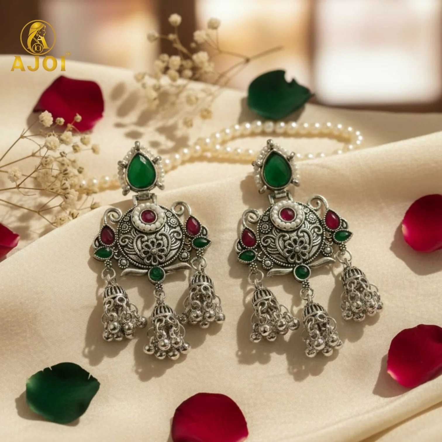 Premium Oxidised Silver Chandbali Jhumka Earrings with Green Stone