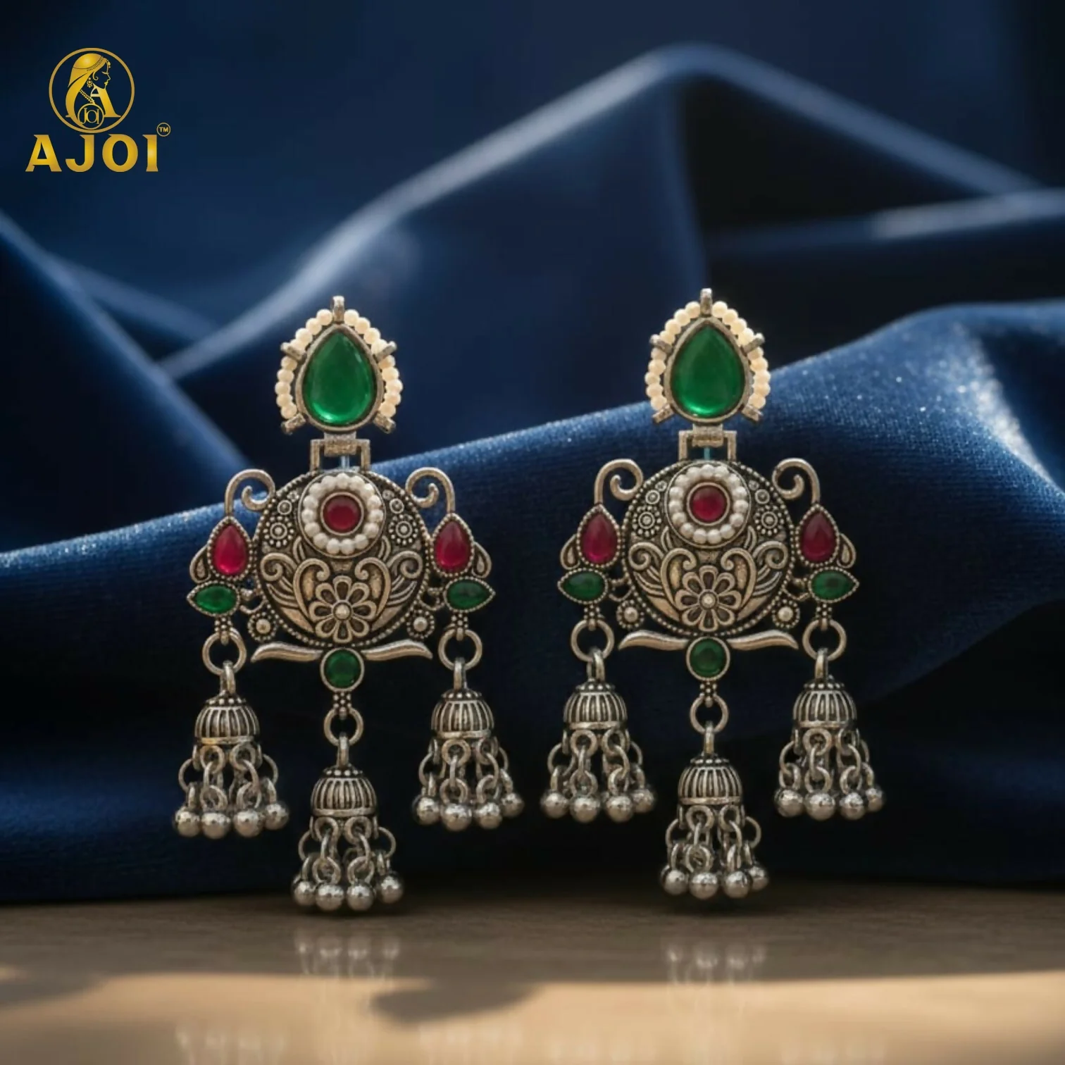 Premium Oxidised Silver Chandbali Jhumka Earrings with Green Stone - Image 3