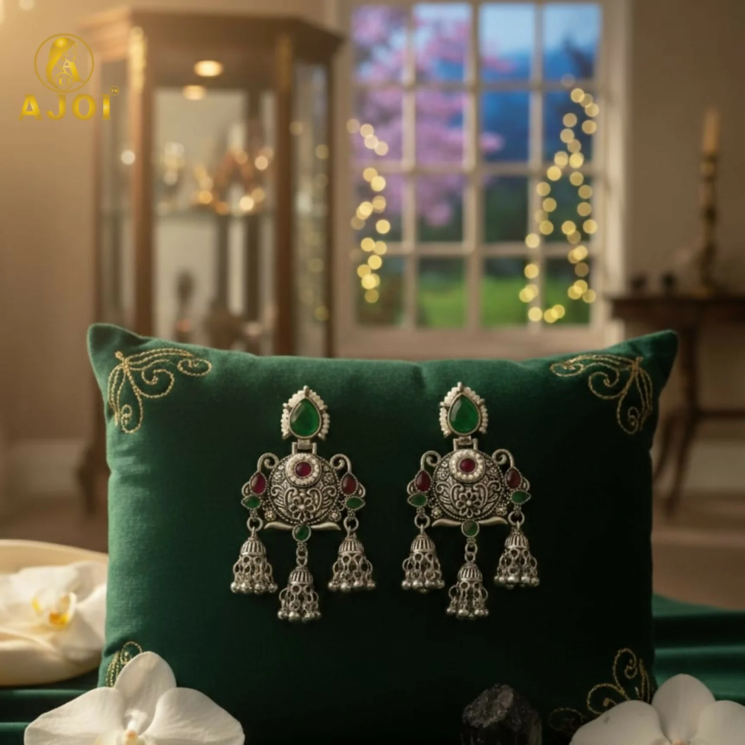 Premium Oxidised Silver Chandbali Jhumka Earrings with Green Stone - Image 4