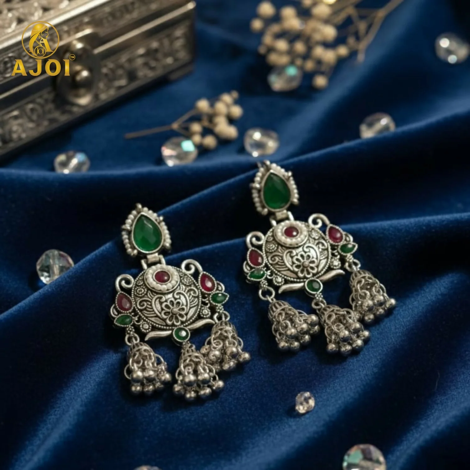 Premium Oxidised Silver Chandbali Jhumka Earrings with Green Stone - Image 5