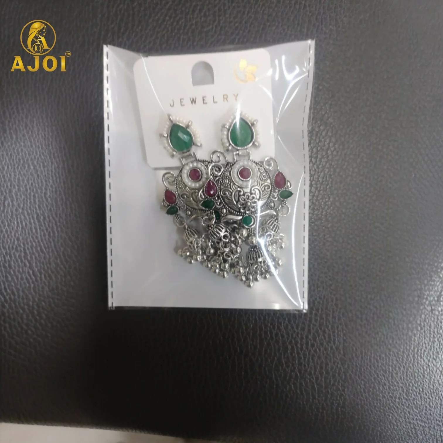 Premium Oxidised Silver Chandbali Jhumka Earrings with Green Stone - Image 6
