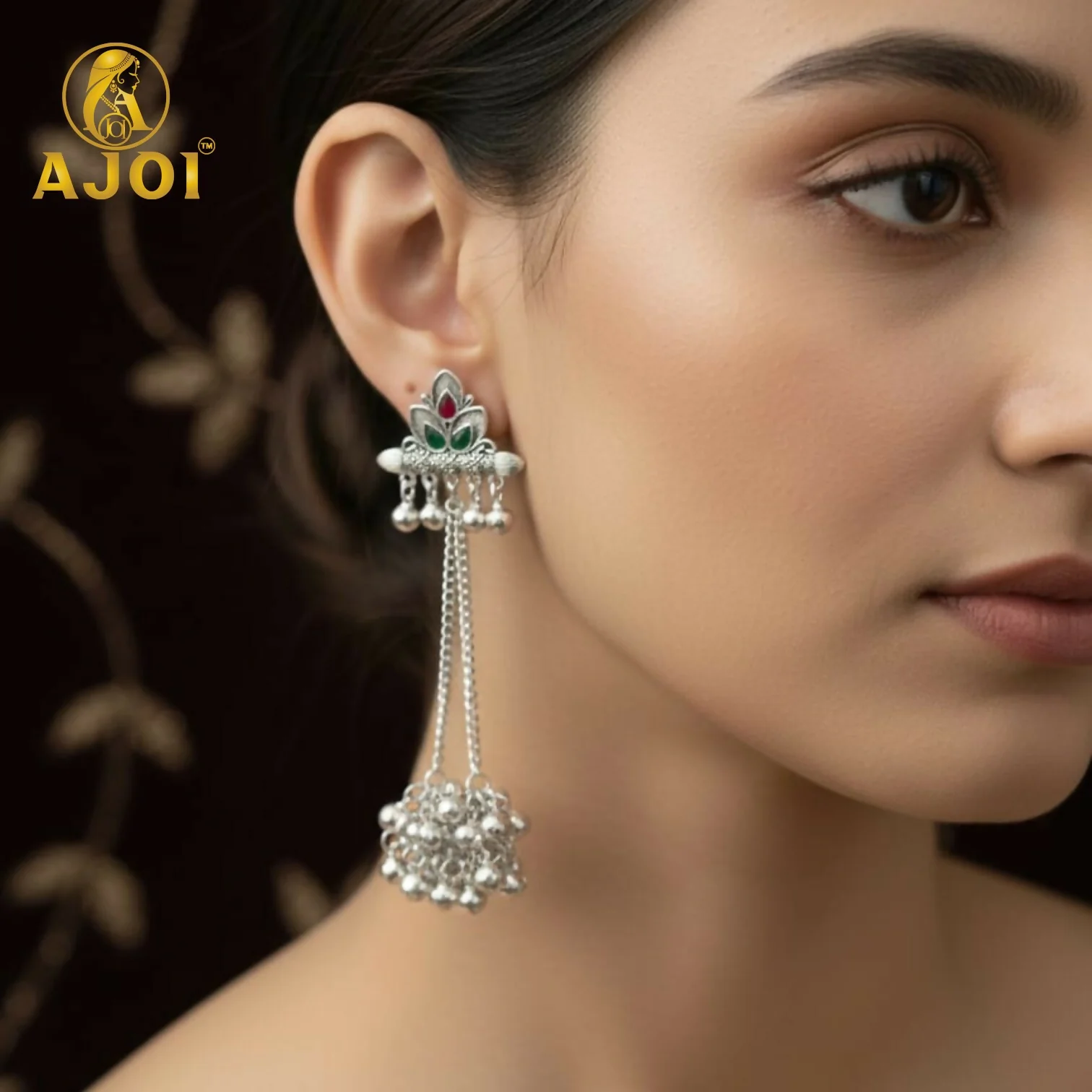 Premium Oxidised Silver Ghungroo Chain Earrings with Traditional Statement Design - Image 2