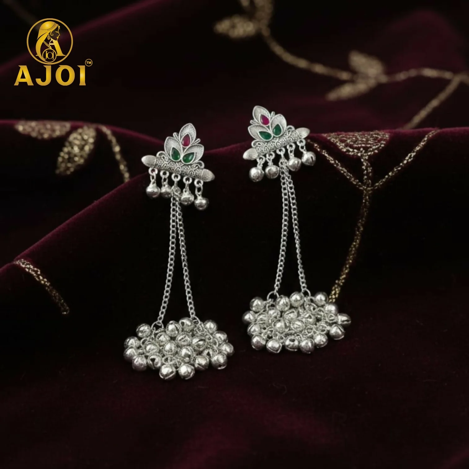 Premium Oxidised Silver Ghungroo Chain Earrings with Traditional Statement Design - Image 3