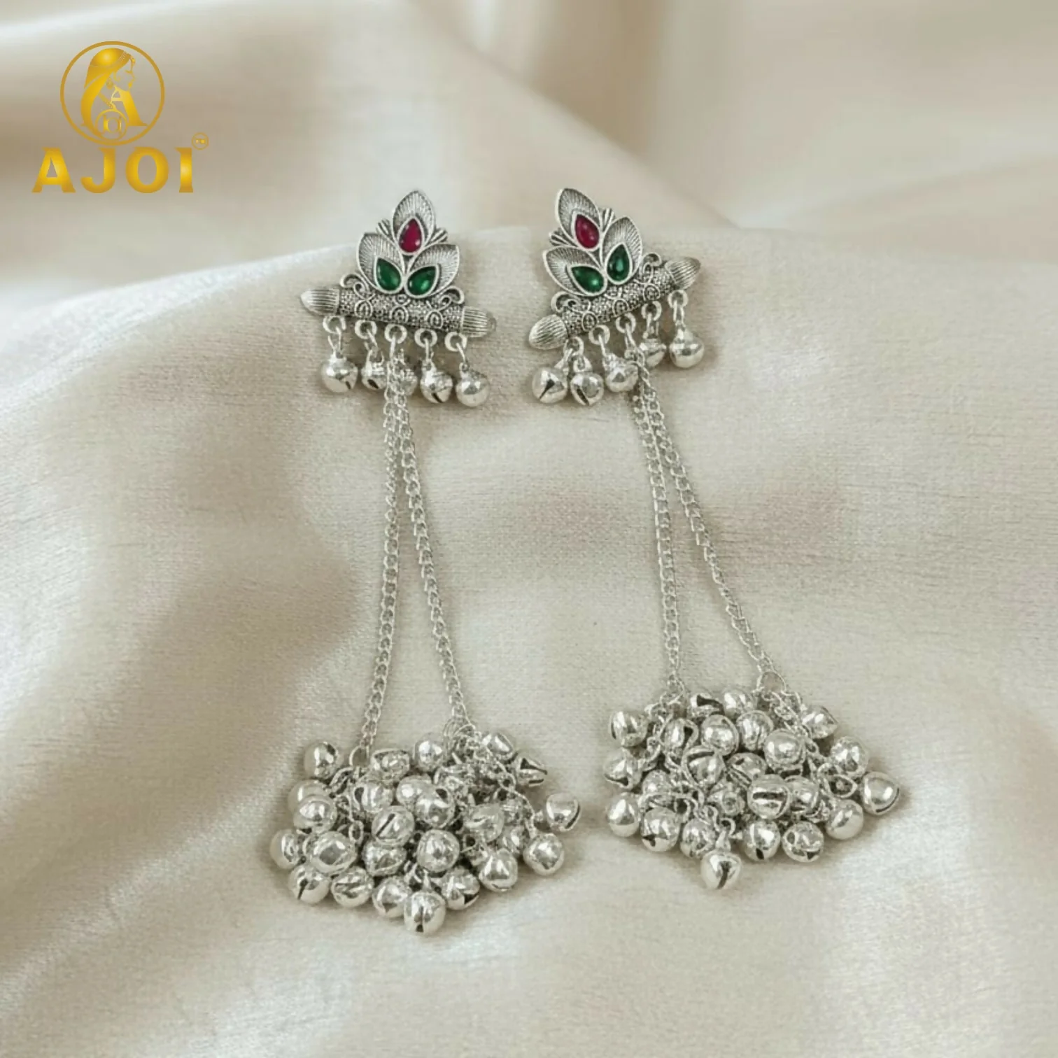 Premium Oxidised Silver Ghungroo Chain Earrings with Traditional Statement Design - Image 4
