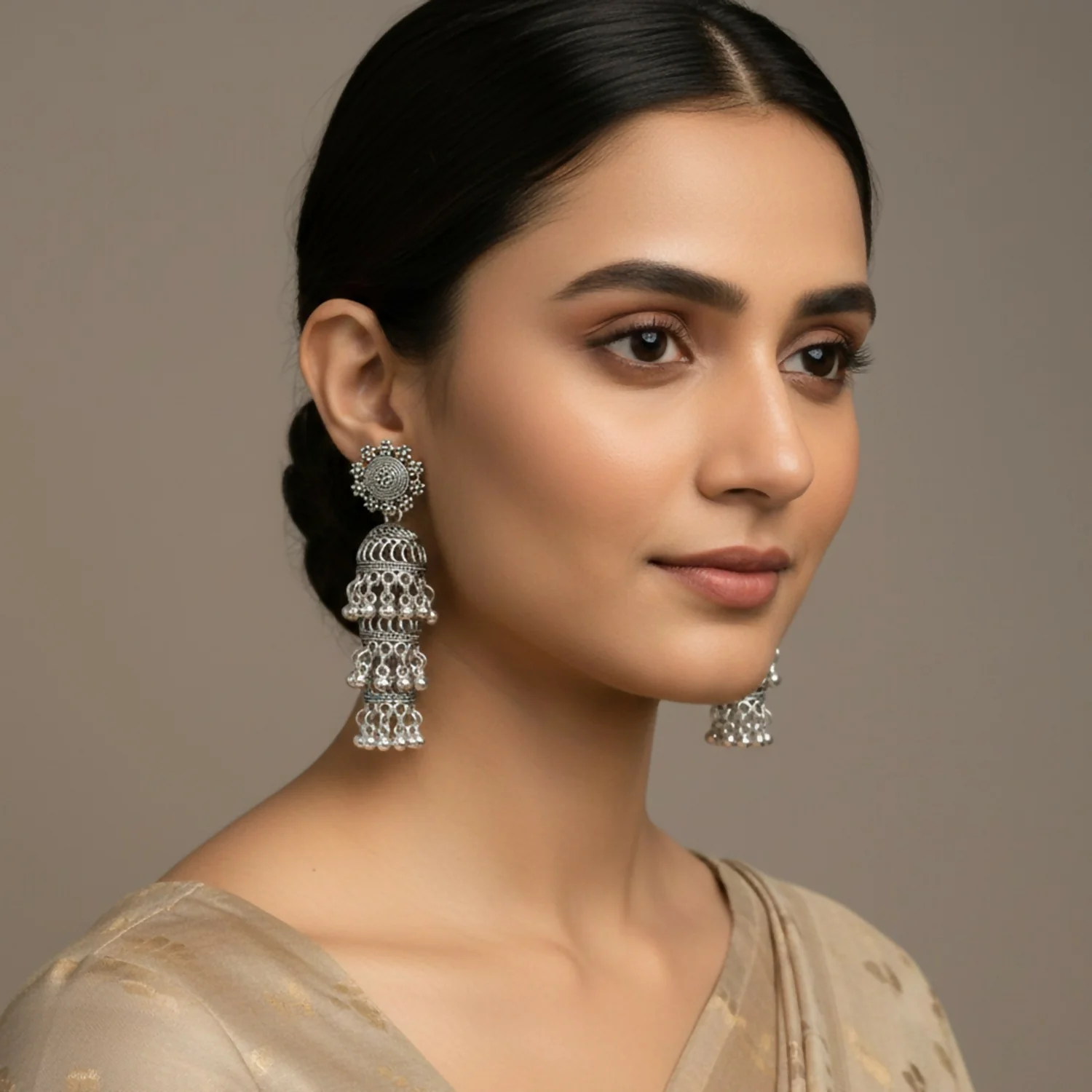 Premium Oxidised Silver Long Layered Jhumka Earrings - Image 2