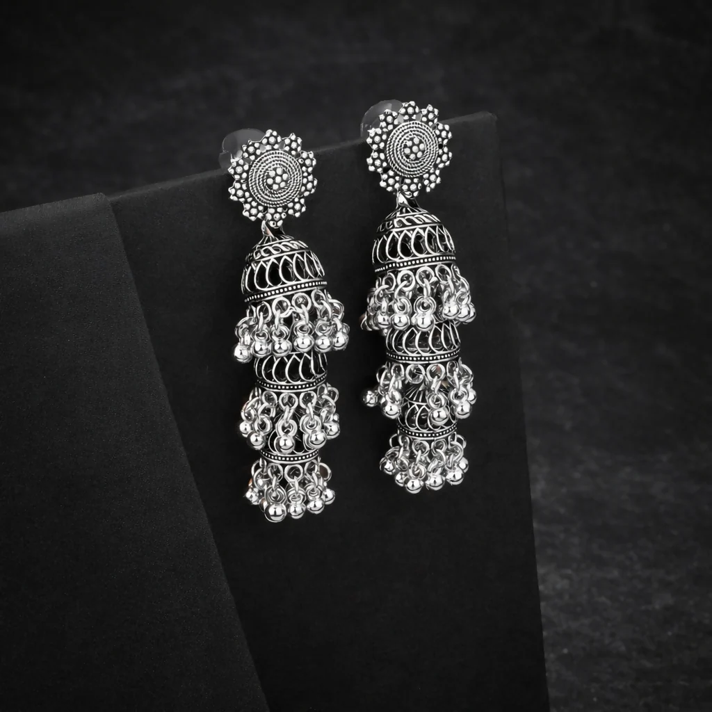 Premium Oxidised Silver Long Layered Jhumka Earrings - Image 3