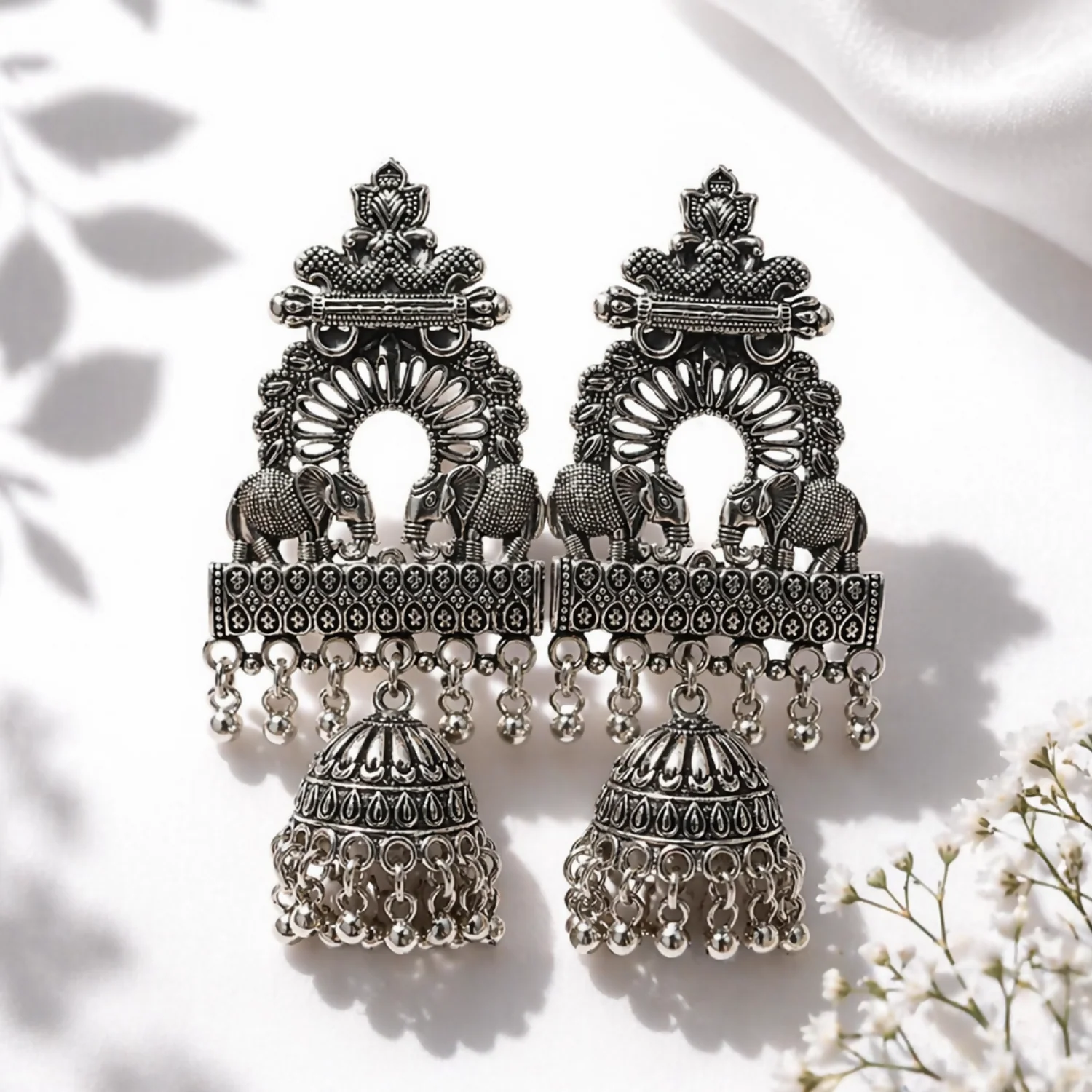 Premium Oxidized Silver-Plated Ethnic Elephant Motif Jhumka Earrings - Image 3