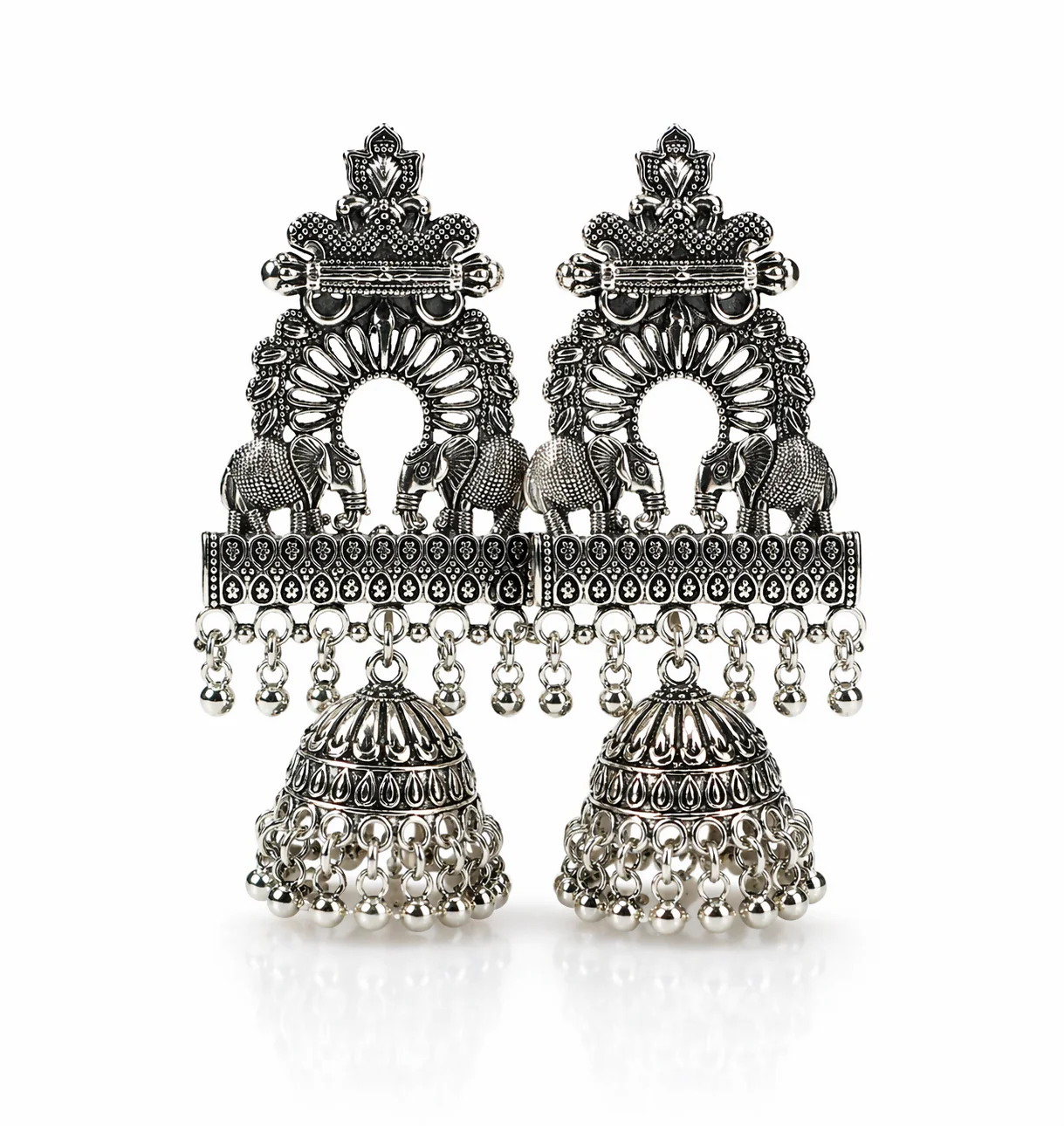 Premium Oxidized Silver-Plated Ethnic Elephant Motif Jhumka Earrings - Image 4