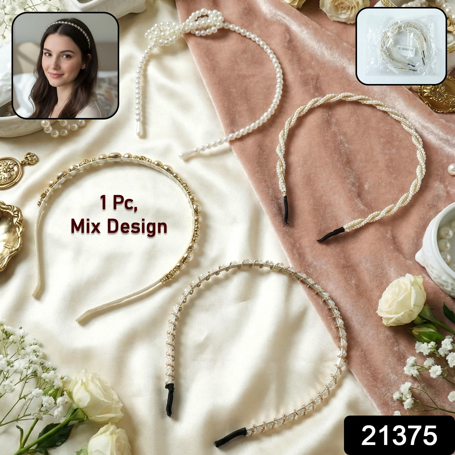 Premium Pearl & Beaded Designer Hair Band (1 Pc, Mix Design) - Image 2