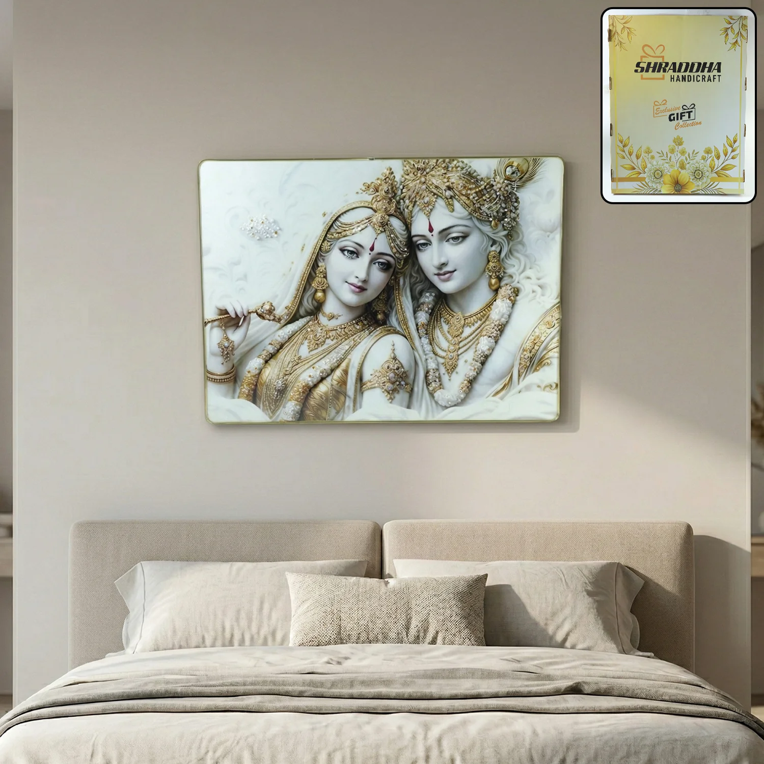 Premium Radha Krishna Royal White Gold Finish Wall Art Frame (1 Pc, 60x45 Cm)