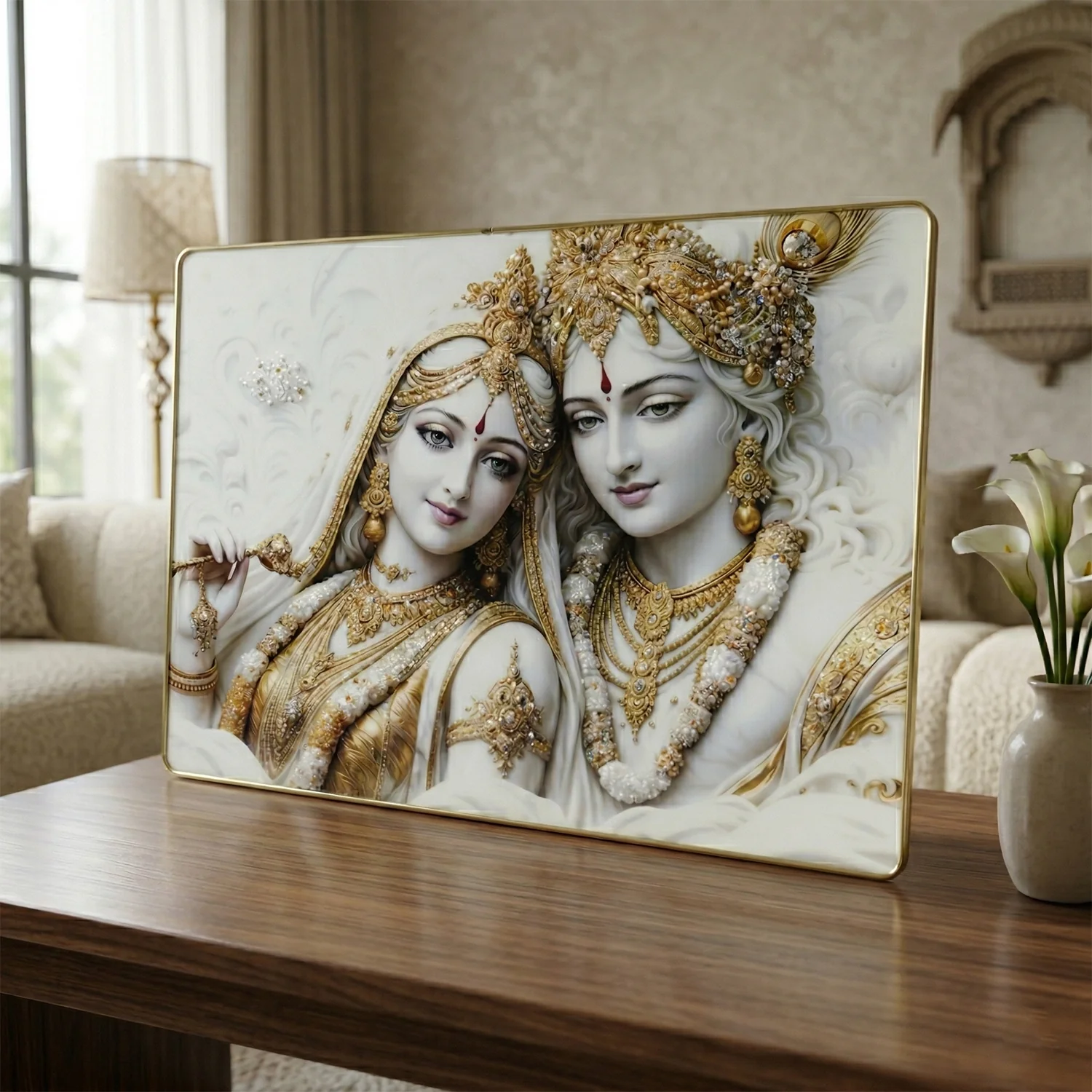 Premium Radha Krishna Royal White Gold Finish Wall Art Frame (1 Pc, 60x45 Cm) - Image 5