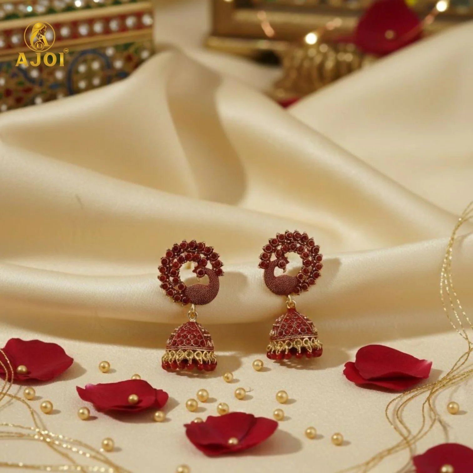 Premium Red Stone Bridal Jhumka Earrings - Image 3
