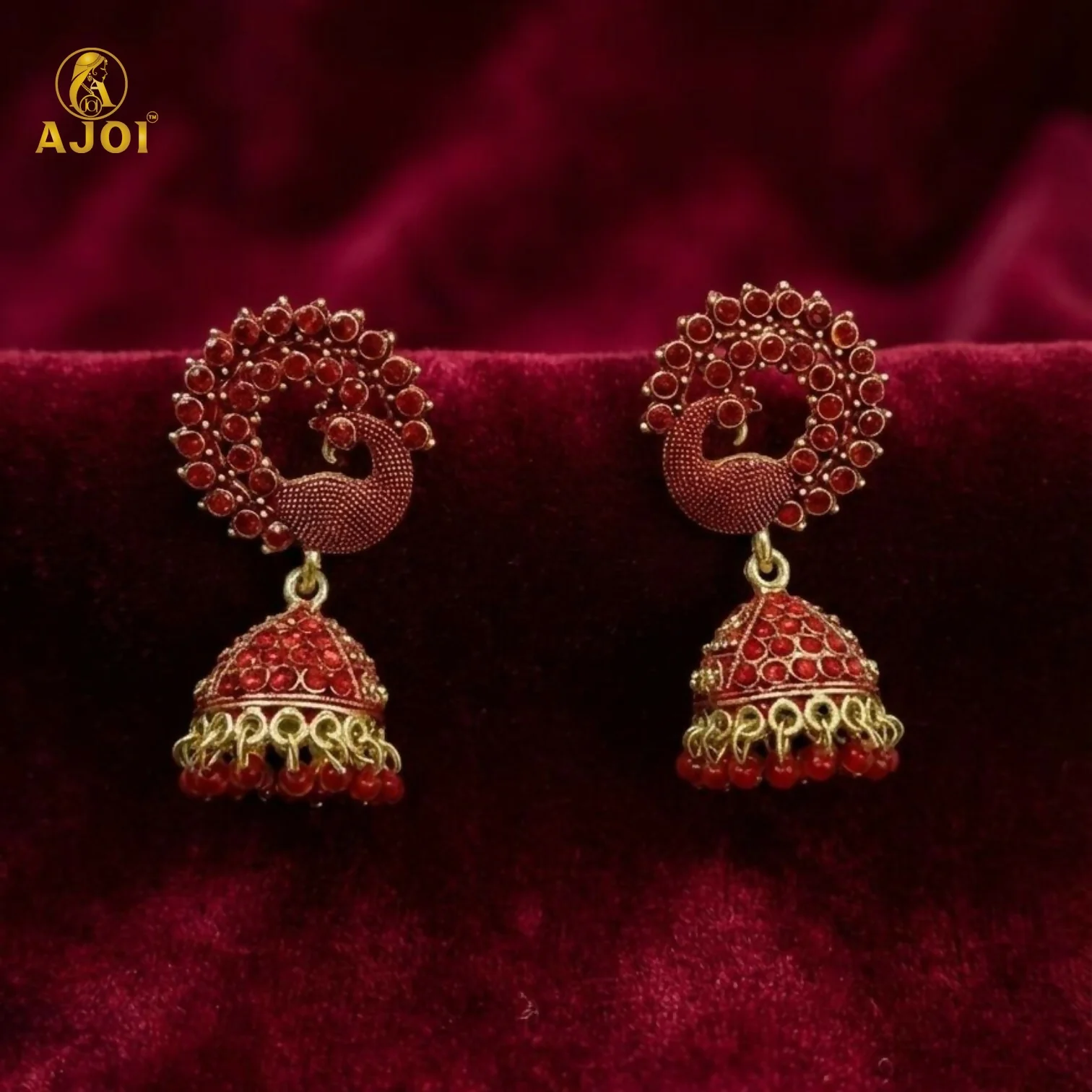 Premium Red Stone Bridal Jhumka Earrings - Image 4