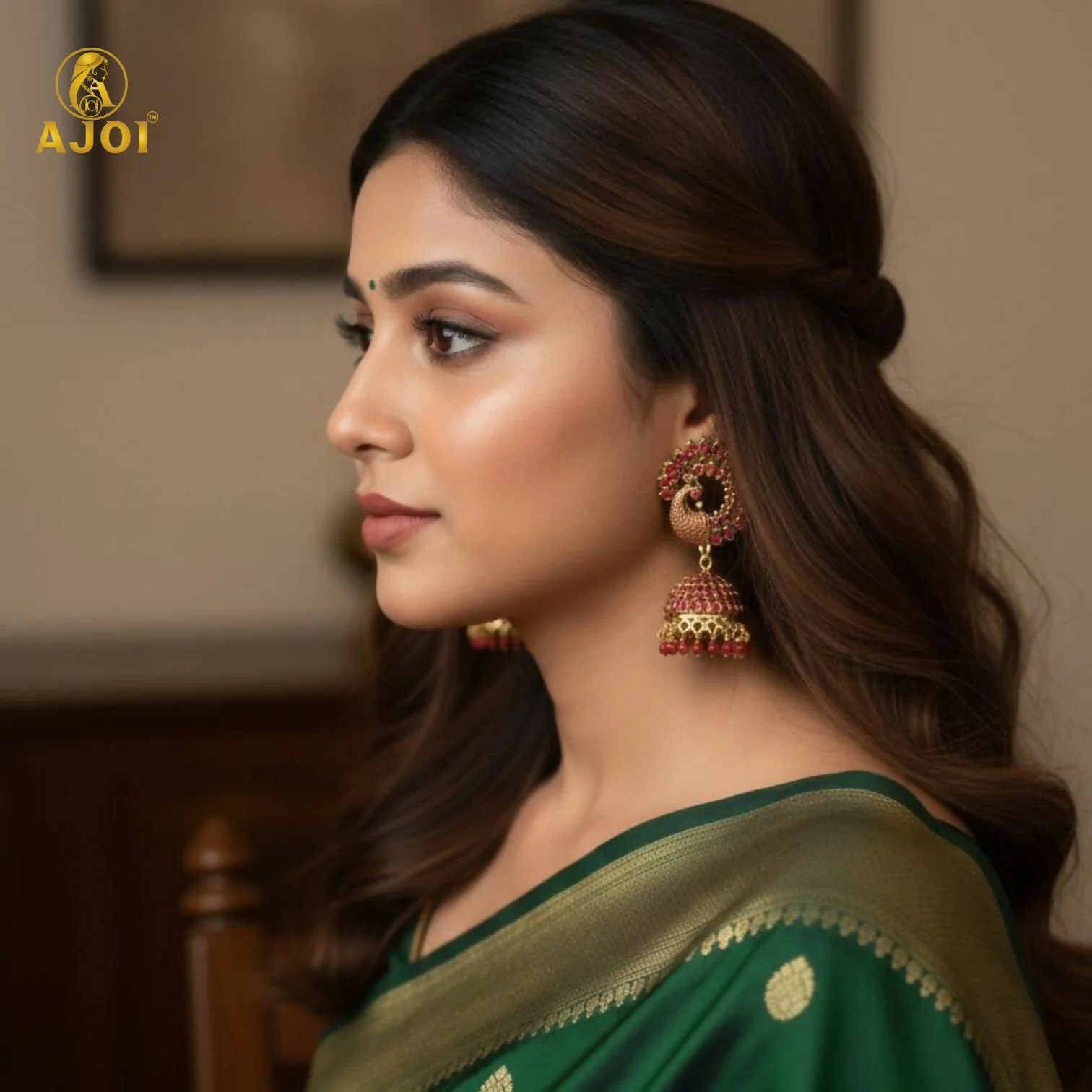 Premium Red Stone Bridal Jhumka Earrings - Image 5
