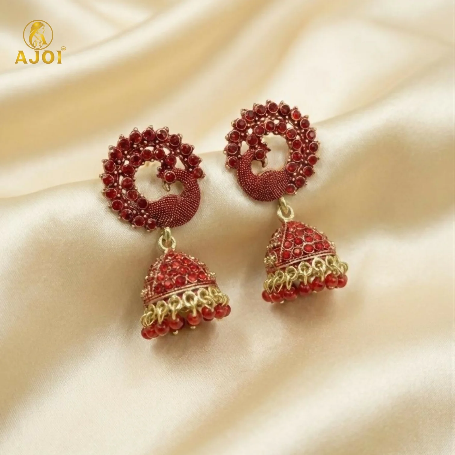 Premium Red Stone Bridal Jhumka Earrings - Image 6
