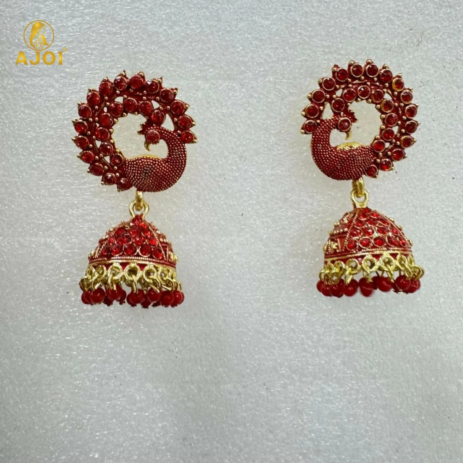 Premium Red Stone Bridal Jhumka Earrings - Image 7