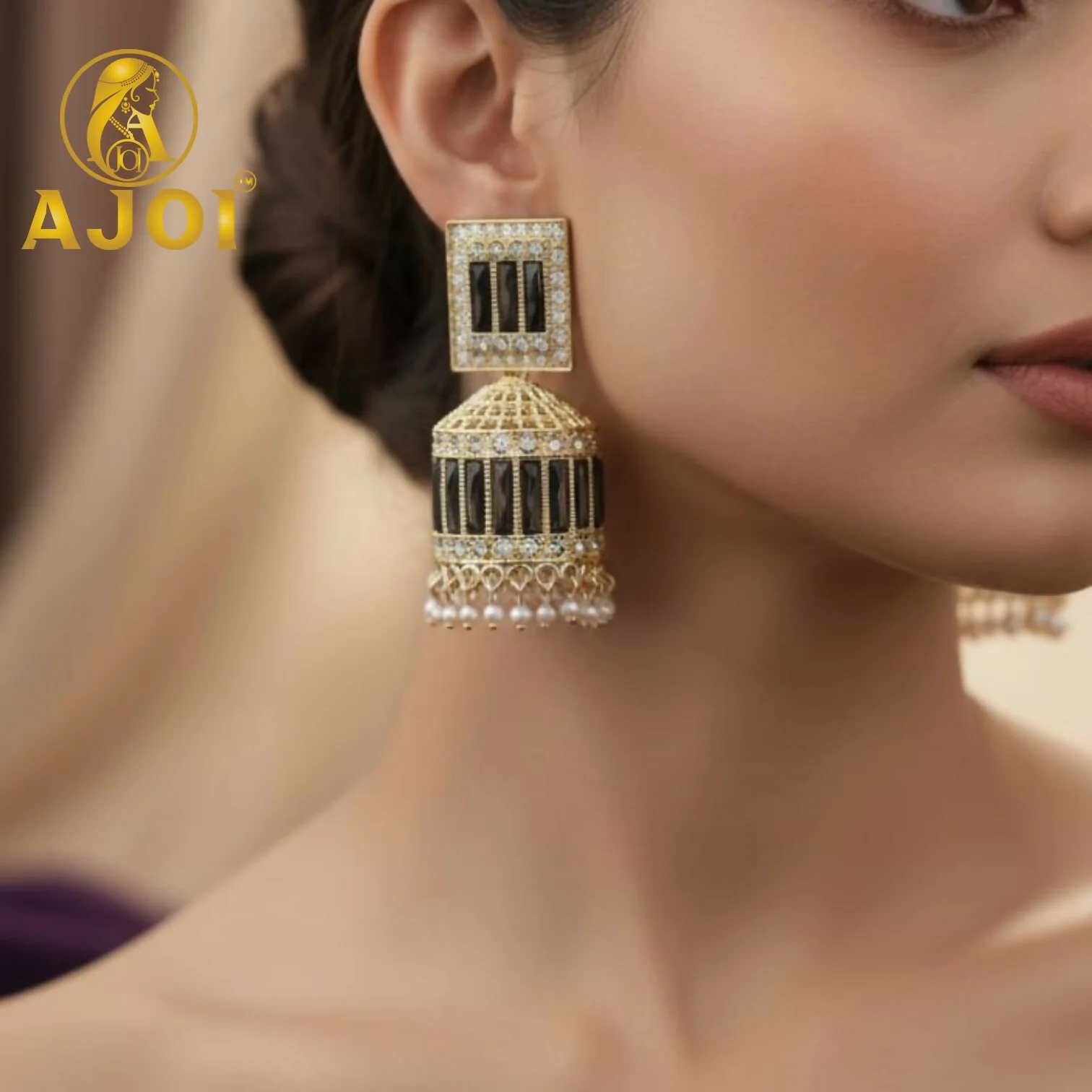 Premium Royal Black Stone Dome Jhumka Earrings - Image 2